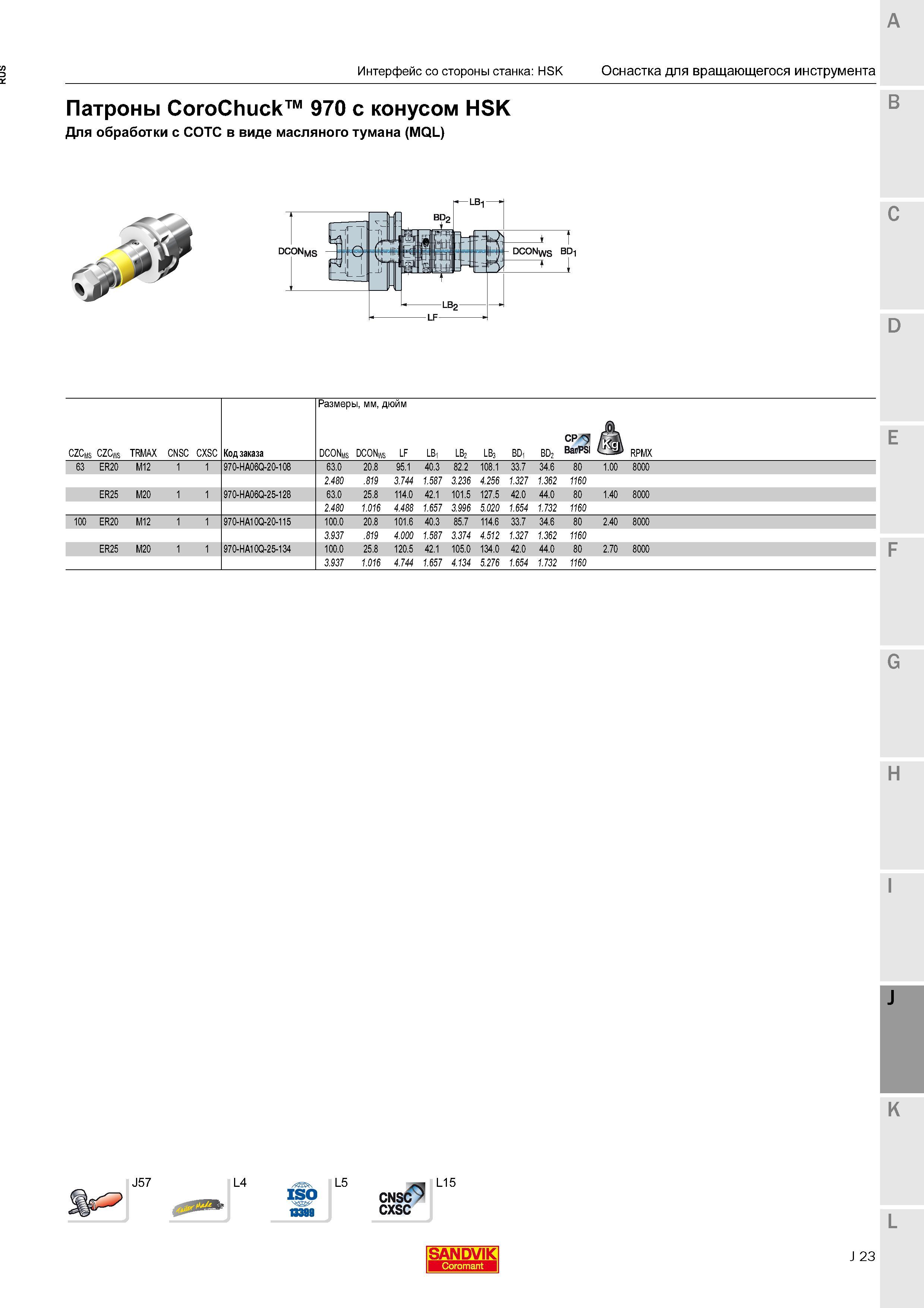413 Патроны Sandvik CoroChuck 970 с конусом HSK Для обработки с СОТС в виде масляного тумана MQL SANDVIK Интерфейс стороны станка HSK Оснастка для вра Каталог SANDVIK COROMANT 2016 Новые инструменты 16.1 для точения фрезерования сверления Инструментальная оснастка Стр. J23