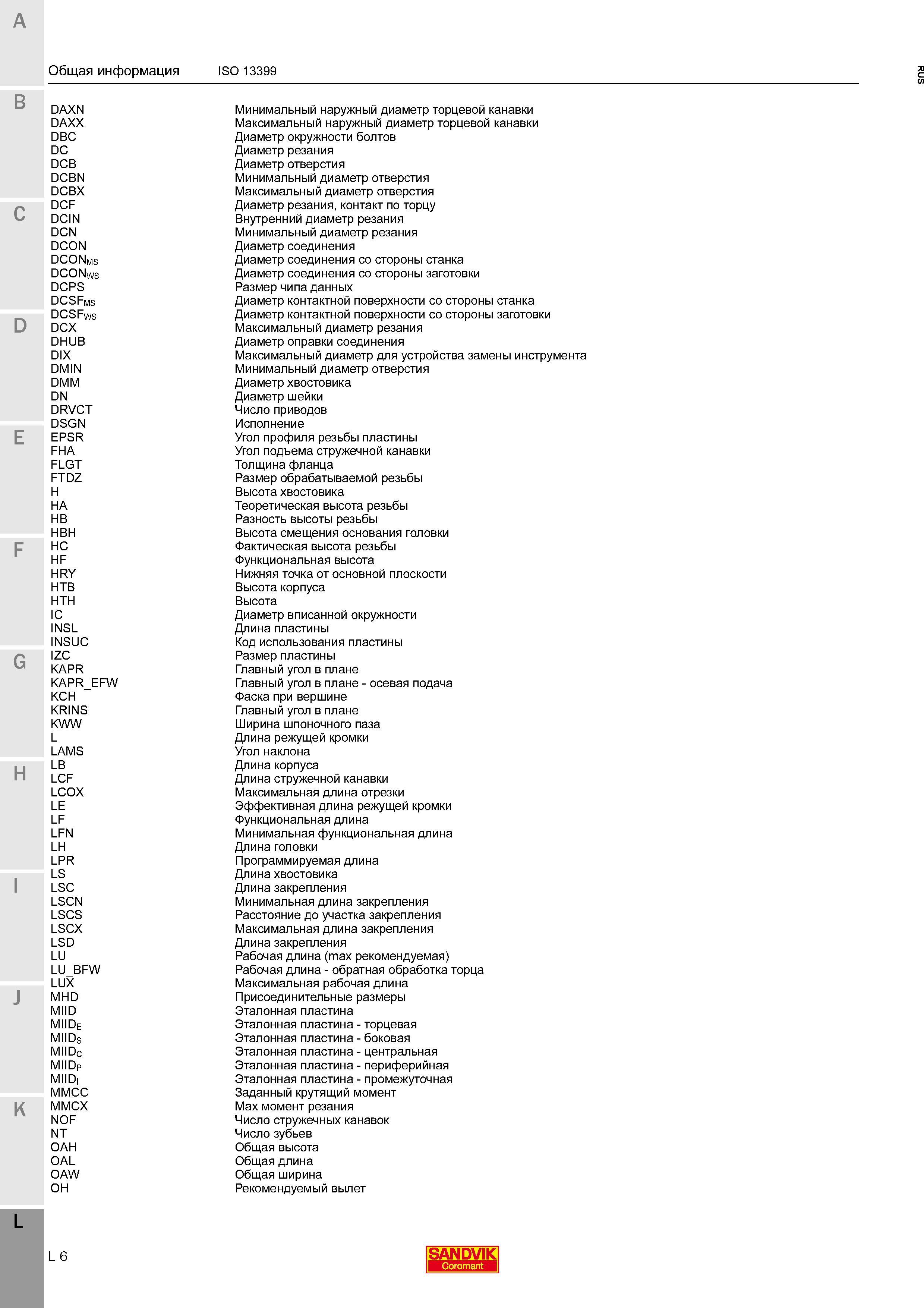 466 Стандарт ISO 13399 DAXN Минимальный наружный диаметр торцевой канавки DAXX Максимальный наружный диаметр торцевой канавки DBC Диаметр окружности б Каталог SANDVIK COROMANT 2016 Новые инструменты 16.1 для точения фрезерования сверления Инструментальная оснастка Стр. L6
