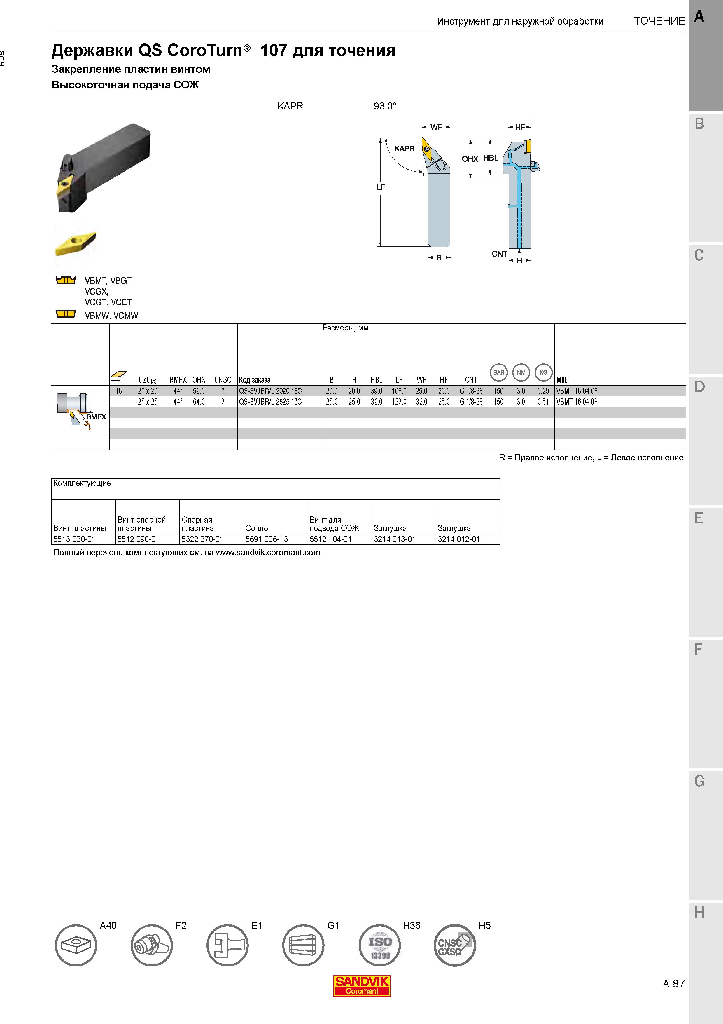 91  Каталог SANDVIK COROMANT 2020 Инструмент для токарной обработки металла на станках Пластины режущие Токарные резцы и державки Инструментальная оснастка Стр. A87
