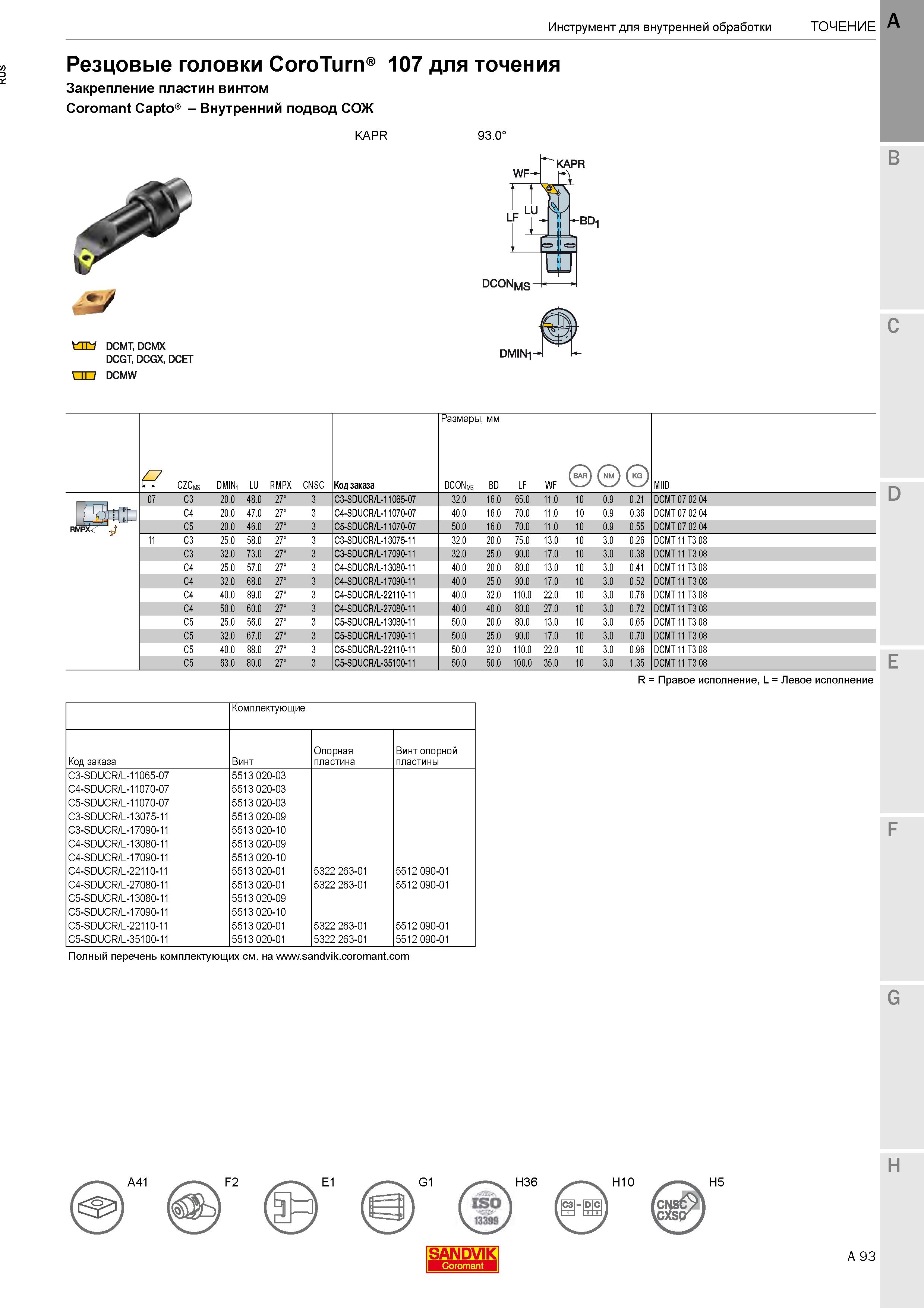 97  Каталог SANDVIK COROMANT 2020 Инструмент для токарной обработки металла на станках Пластины режущие Токарные резцы и державки Инструментальная оснастка Стр. A93