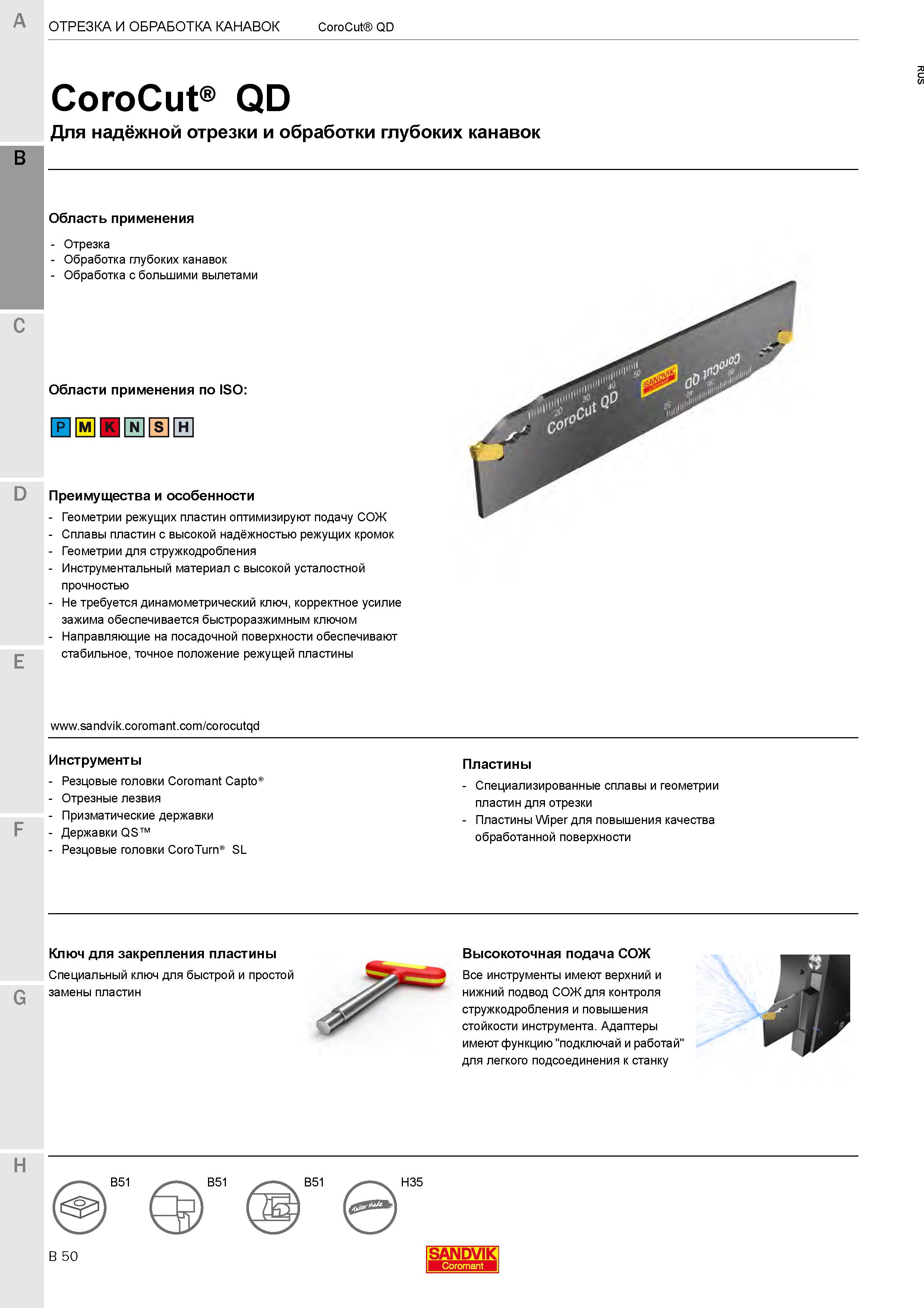 354 Токарный инструмент для обработки глубоких канавок и отрезки на токарных станках Лезвия Sandvik CoroCut QD Высокоточная подача СОЖ Каталог SANDVIK COROMANT 2020 Инструмент для токарной обработки металла на станках Пластины режущие Токарные резцы и державки Инструментальная оснастка Стр. B50
