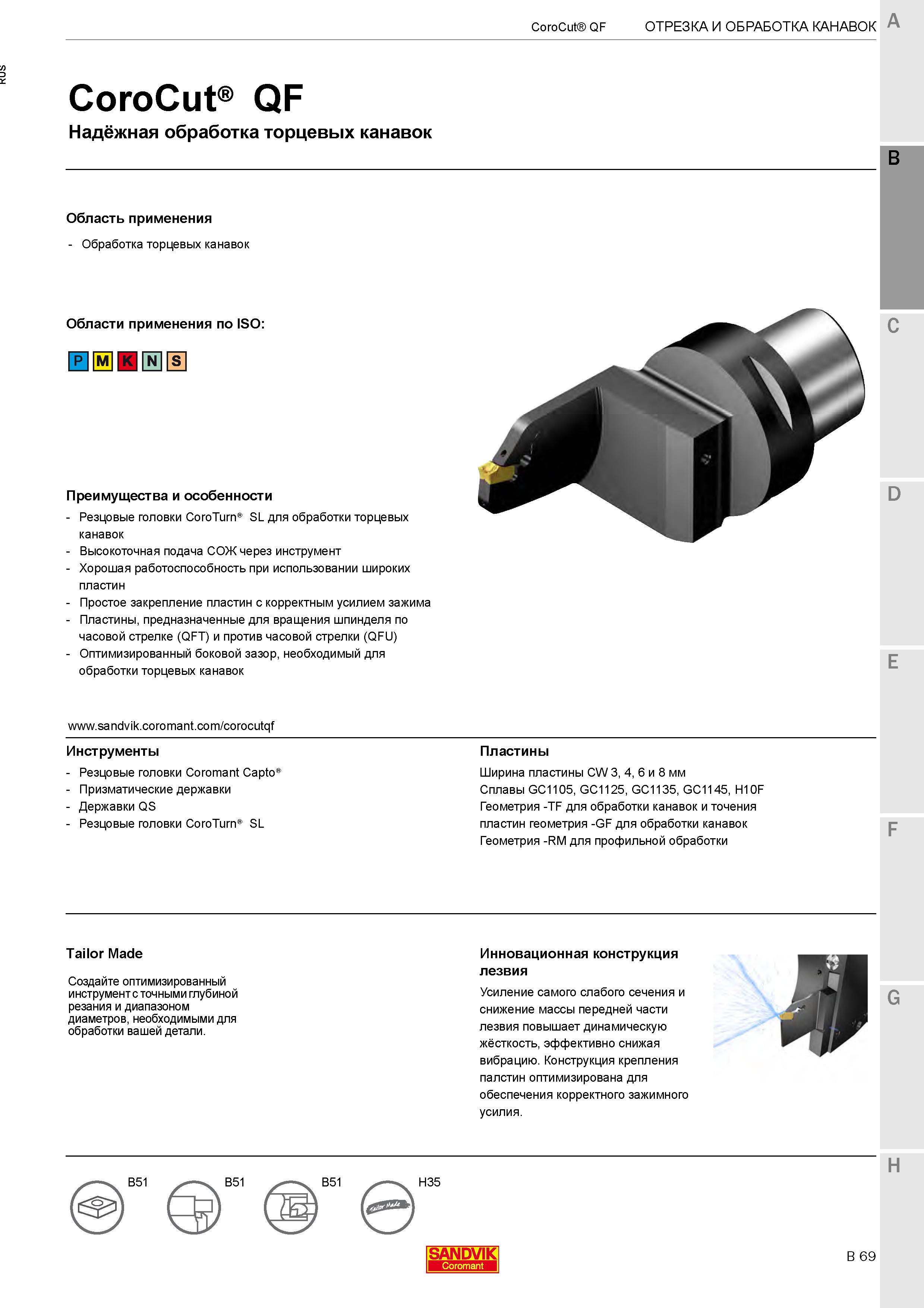 373 Токарная обработка торцевых канавок Улучшенная конструкция режущего лезвия со сменной твердосплавной пластиной Инструмент CoroCut QF Каталог SANDVIK COROMANT 2020 Инструмент для токарной обработки металла на станках Пластины режущие Токарные резцы и державки Инструментальная оснастка Стр. B69