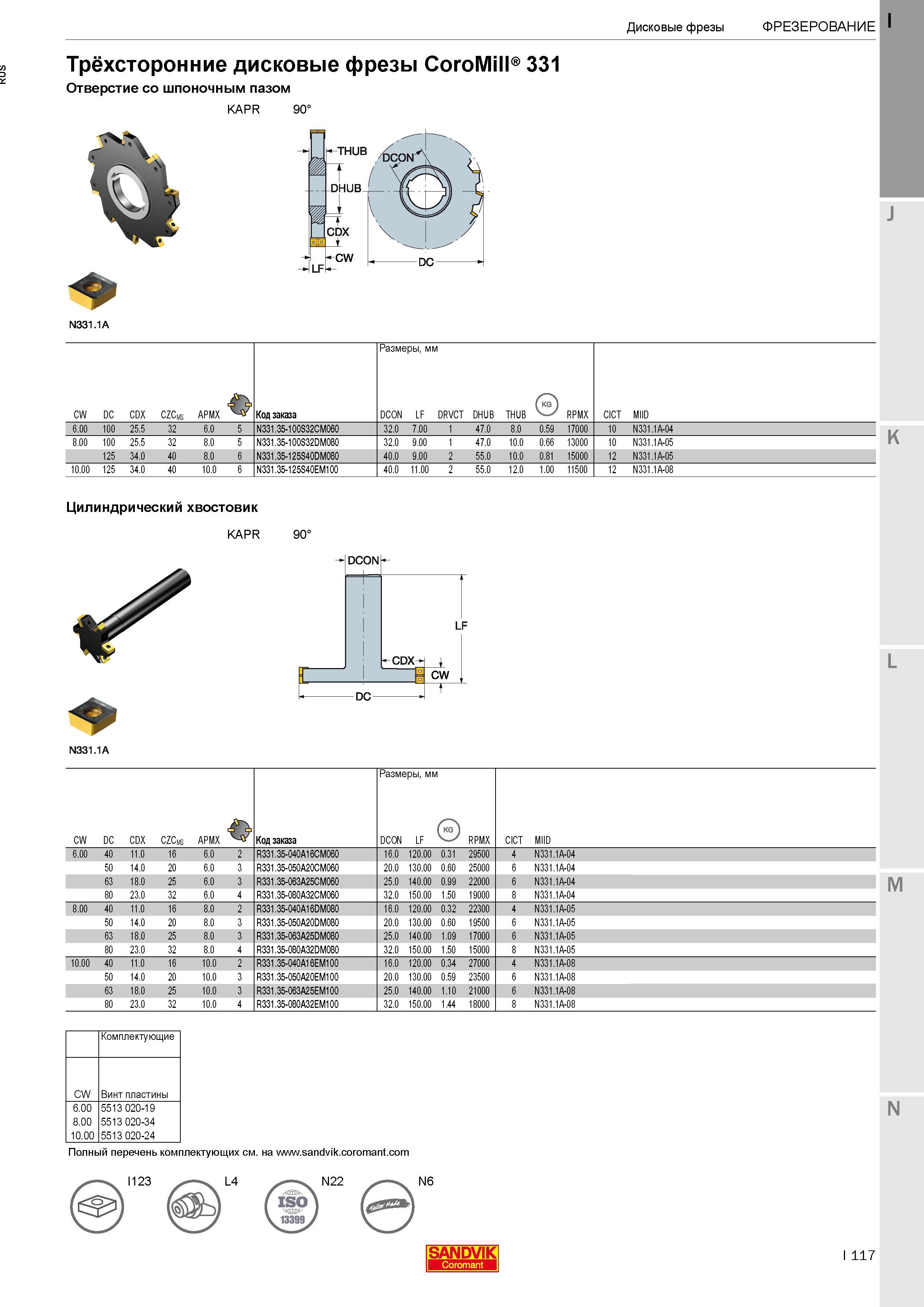 121 Трёхсторонние дисковые фрезы Sandvik Coromant CoroMill 331 Отверстие со шпоночным пазом KAPR 90° Размеры в мм N331 35-100S32CM060 32 0 7 00 1 47 Каталог SANDVIK COROMANT 2017 Фрезы Сверла Расточные инструменты со сменными режущими пластинами Оснастка и принадлежности для станков Стр. I117