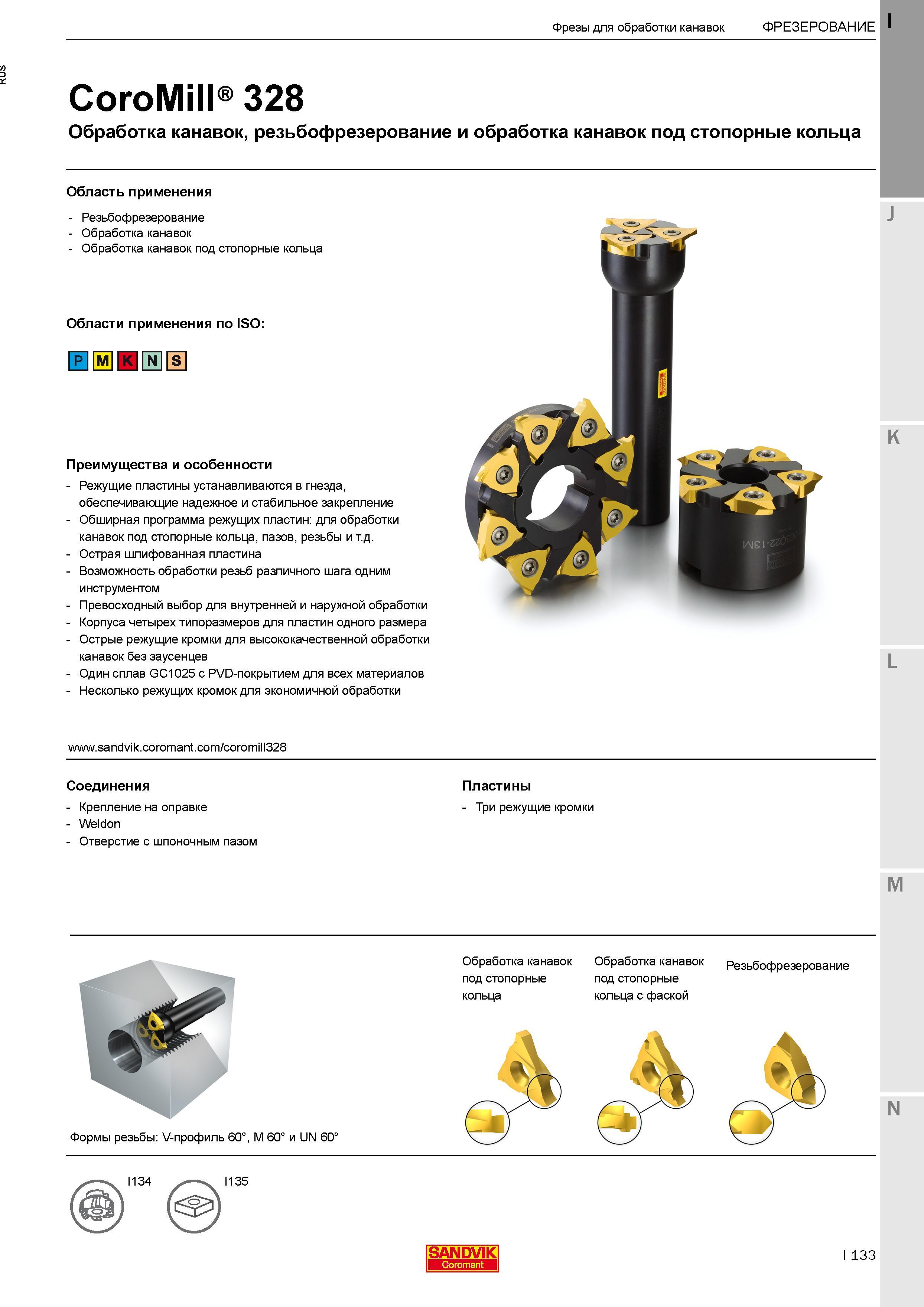 137 Специализированные фрезы Sandvik CoroMill 328 с многогранными режущими твердосплавными пластинами для обработки канавок и резьбофрезерования Каталог SANDVIK COROMANT 2017 Фрезы Сверла Расточные инструменты со сменными режущими пластинами Оснастка и принадлежности для станков Стр. I133