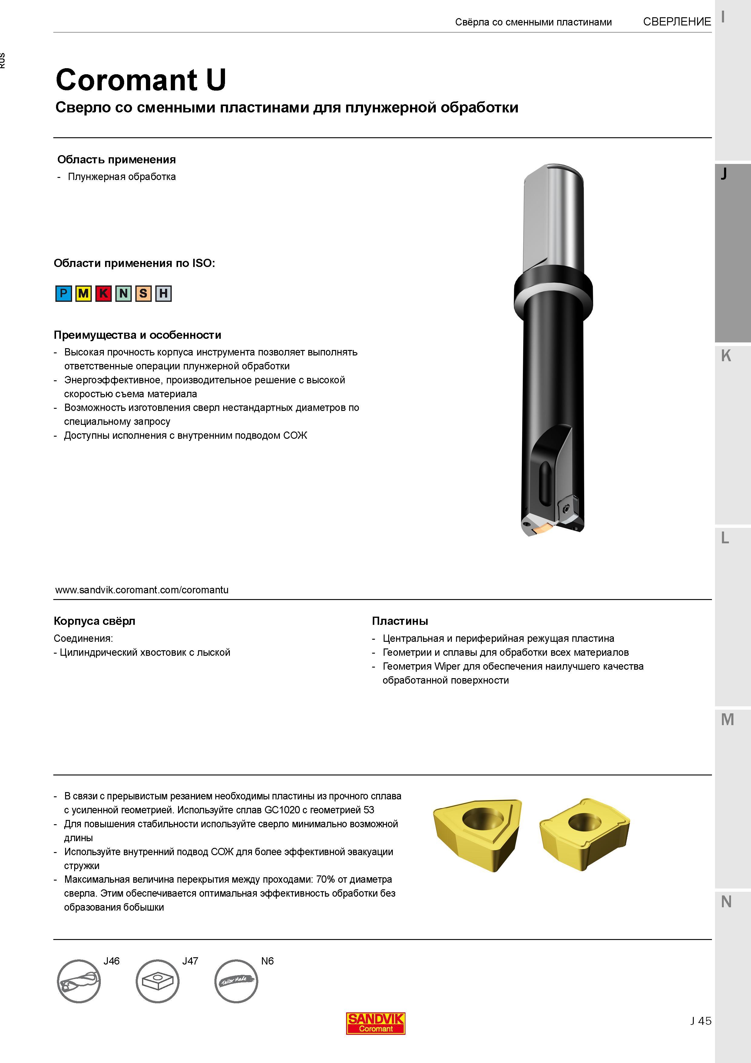 223 Плунжерные сверла Sandvik Coromant U со сменными режущими пластинами из твердого сплава Высокая прочность корпуса данного сверлильного инструмент Каталог SANDVIK COROMANT 2017 Фрезы Сверла Расточные инструменты со сменными режущими пластинами Оснастка и принадлежности для станков Стр. J45