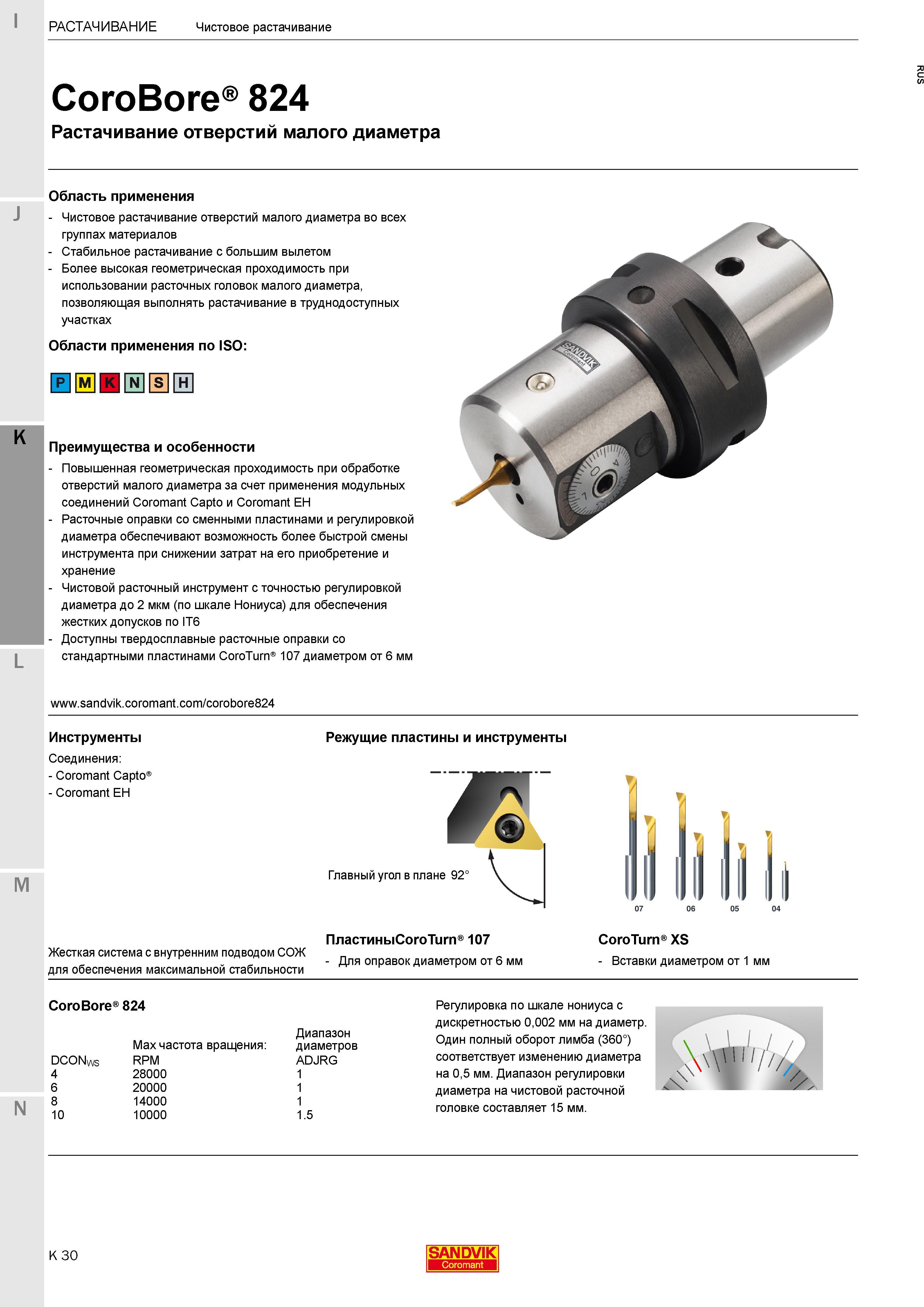 292 Чистовая расточная система Sandvik CoroBore 824 для растачивания отверстий малого диаметра Преимущества и особенности Повышенная геометрическая п Каталог SANDVIK COROMANT 2017 Фрезы Сверла Расточные инструменты со сменными режущими пластинами Оснастка и принадлежности для станков Стр. K30