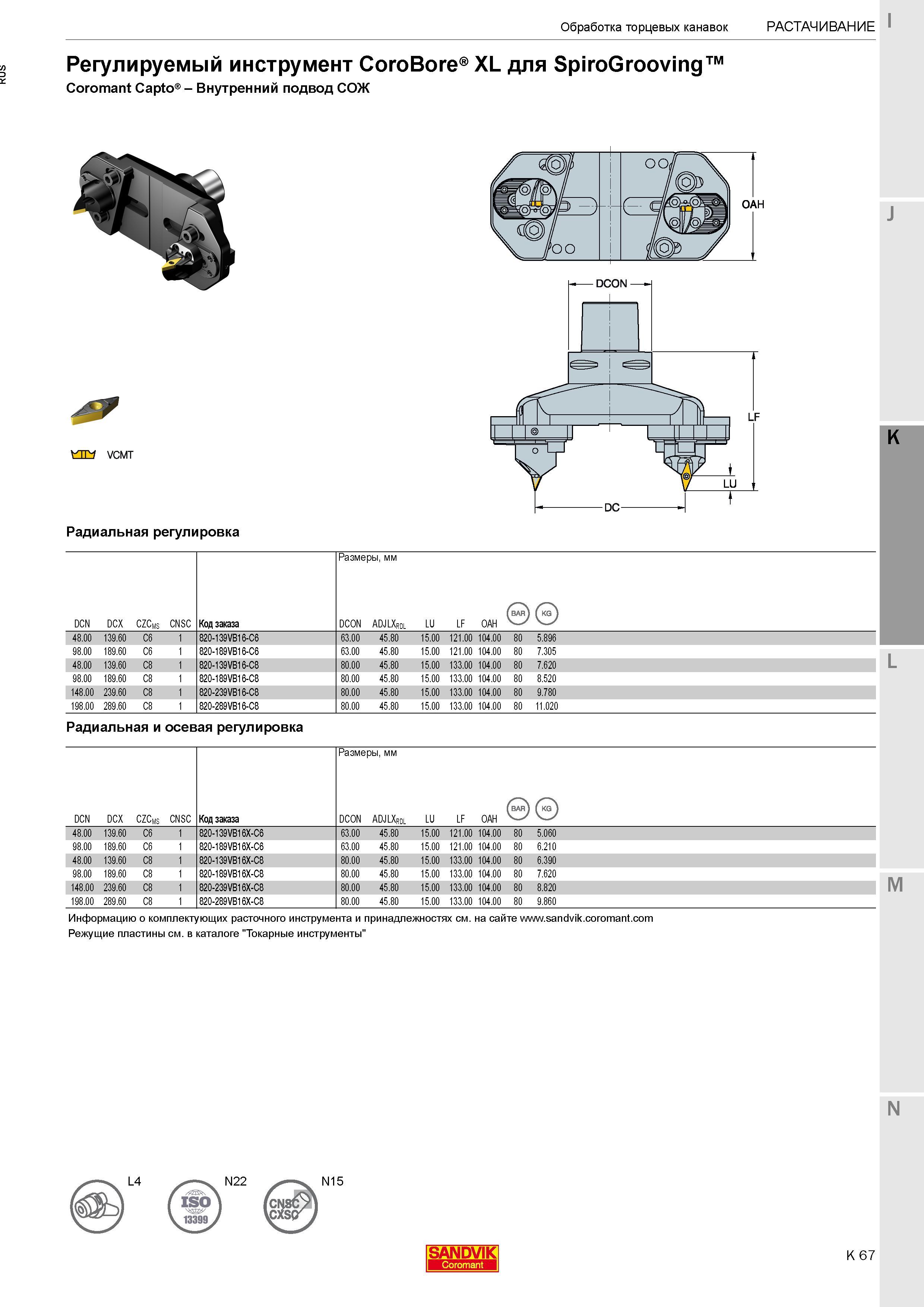 329 Регулируемый инструмент Sandvik Coromant CoroBore XL для SpiroGrooving с конусом Coromant Capto Внутренний подвод СОЖ Радиальная и осевая регулир Каталог SANDVIK COROMANT 2017 Фрезы Сверла Расточные инструменты со сменными режущими пластинами Оснастка и принадлежности для станков Стр. K67