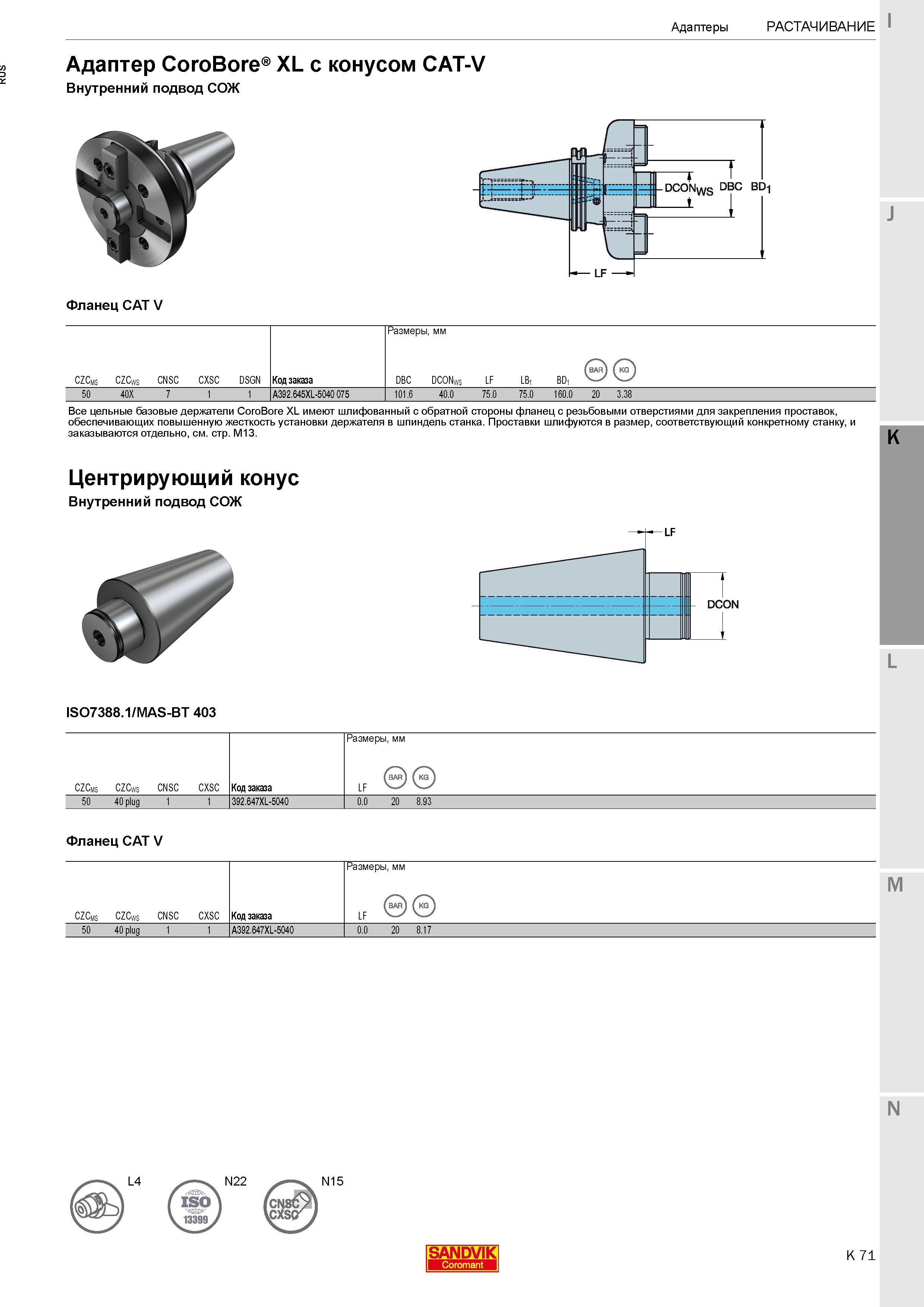 333 Адаптер Sandvik Coromant CoroBore XL с конусом CAT-V Внутренний подвод СОЖ Фланец CAT V Код заказа Размеры в мм A392 645XL-5040 075 101 6 40 0 75 Каталог SANDVIK COROMANT 2017 Фрезы Сверла Расточные инструменты со сменными режущими пластинами Оснастка и принадлежности для станков Стр. K71