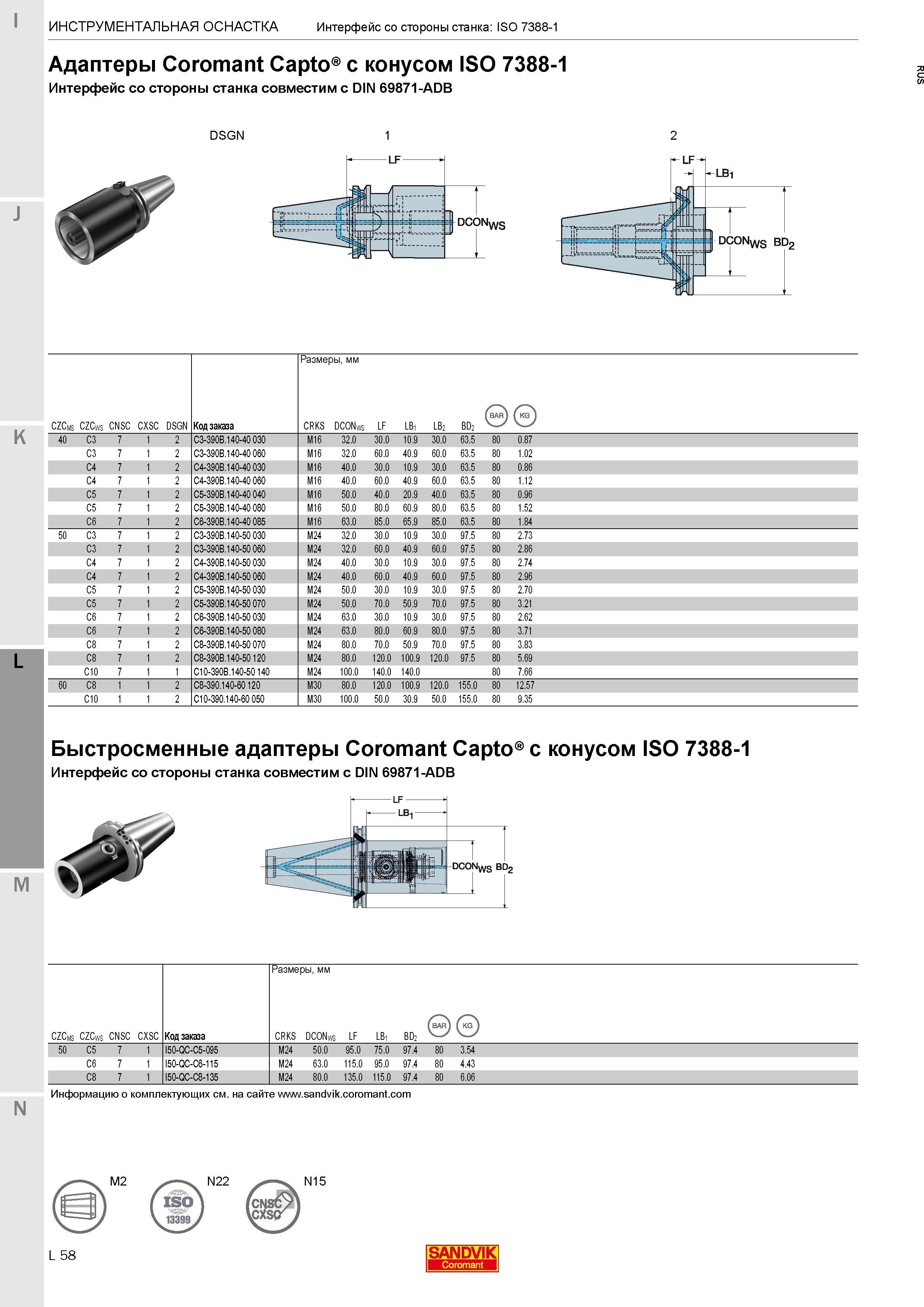 408 Адаптеры Sandvik Coromant Capto с конусом ISO 7388-1 Интерфейс со стороны станка совместим с DIN 69871-ADB Код заказа C3-390B 140-40 030 M16 32 0 Каталог SANDVIK COROMANT 2017 Фрезы Сверла Расточные инструменты со сменными режущими пластинами Оснастка и принадлежности для станков Стр. L58