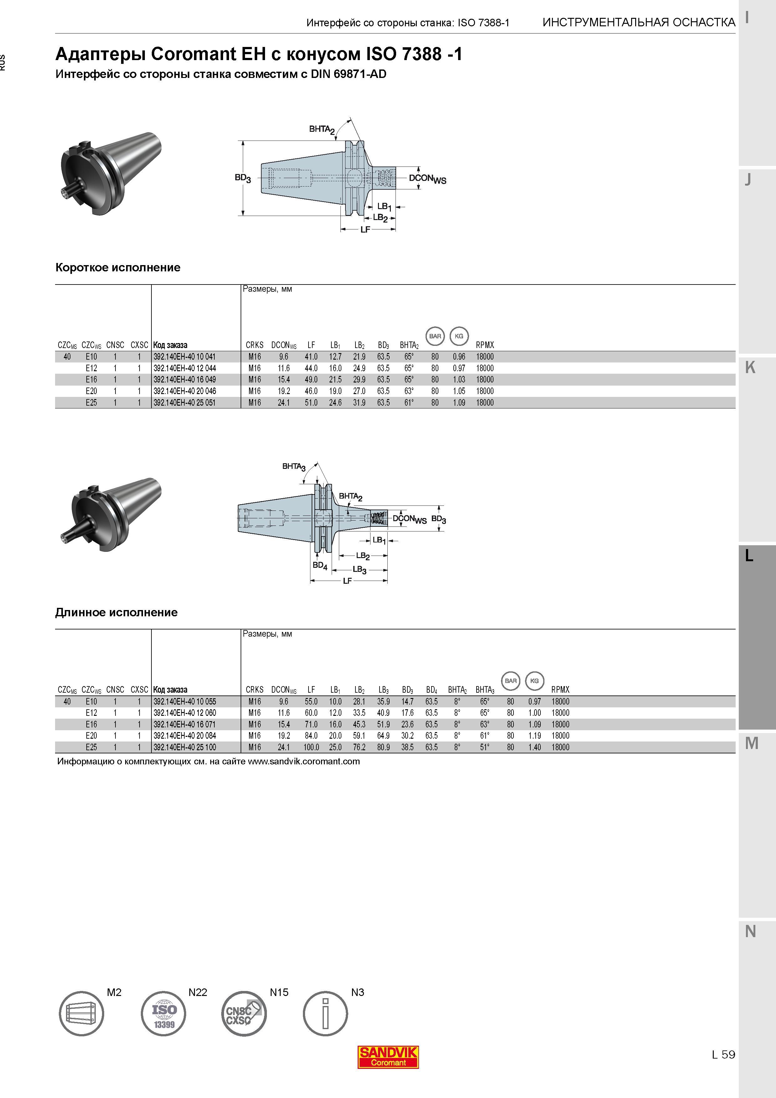 409 Адаптеры Sandvik Coromant EH с конусом ISO 7388 -1 Интерфейс со стороны станка совместим с DIN 69871-AD Короткое исполнение Размеры в мм CZCms CZ Каталог SANDVIK COROMANT 2017 Фрезы Сверла Расточные инструменты со сменными режущими пластинами Оснастка и принадлежности для станков Стр. L59