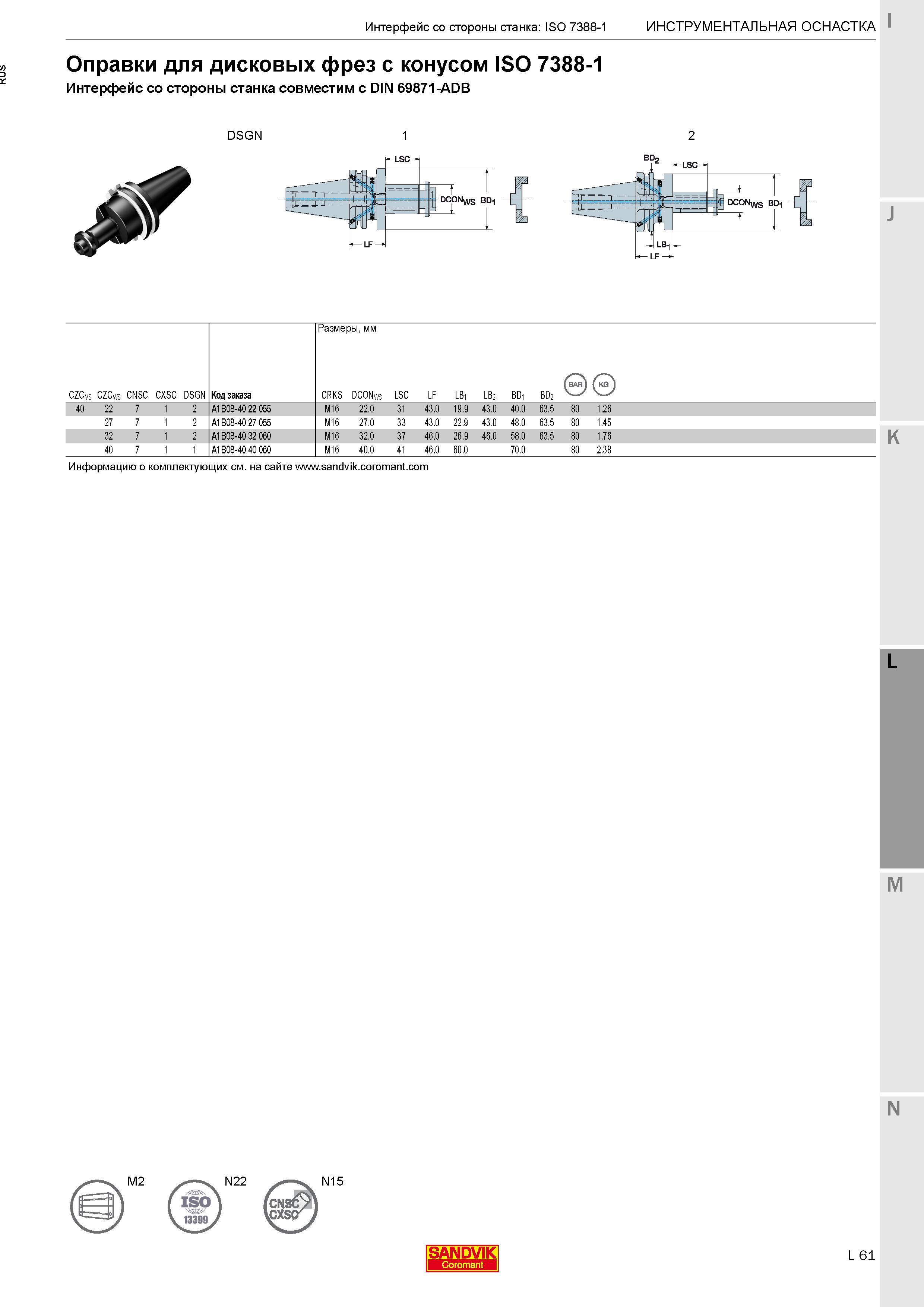 411 Оправки Sandvik Coromant для дисковых фрез с конусом ISO 7388-1 Интерфейс со стороны станка совместим с DIN 69871-ADB Размеры в мм CZCms CZCws CN Каталог SANDVIK COROMANT 2017 Фрезы Сверла Расточные инструменты со сменными режущими пластинами Оснастка и принадлежности для станков Стр. L61