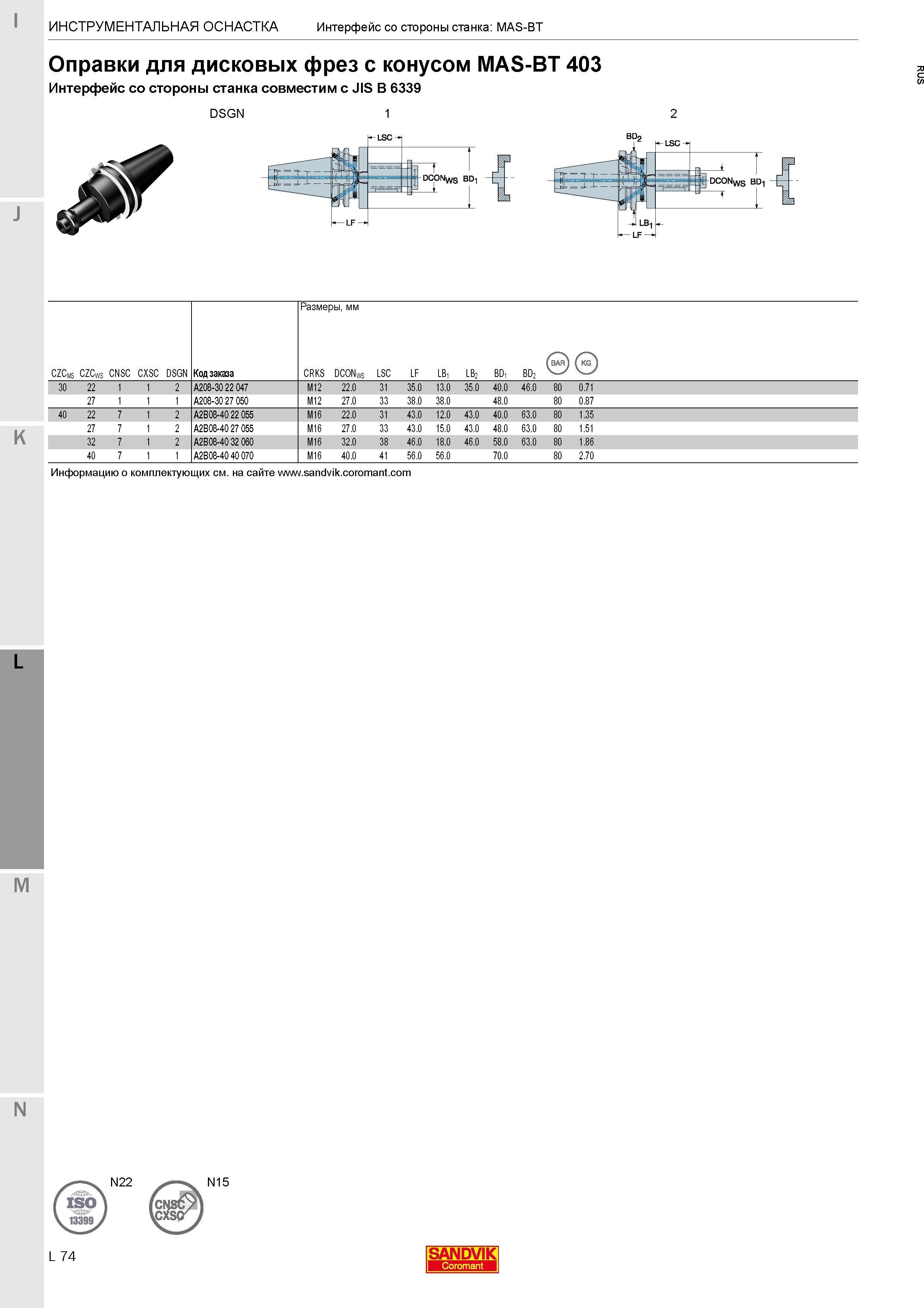 424 Оправки Sandvik Coromant для дисковых фрез с конусом MAS-BT 403 Интерфейс со стороны станка совместим с JIS B 6339 Код заказа A208-30 27 050 M12 Каталог SANDVIK COROMANT 2017 Фрезы Сверла Расточные инструменты со сменными режущими пластинами Оснастка и принадлежности для станков Стр. L74