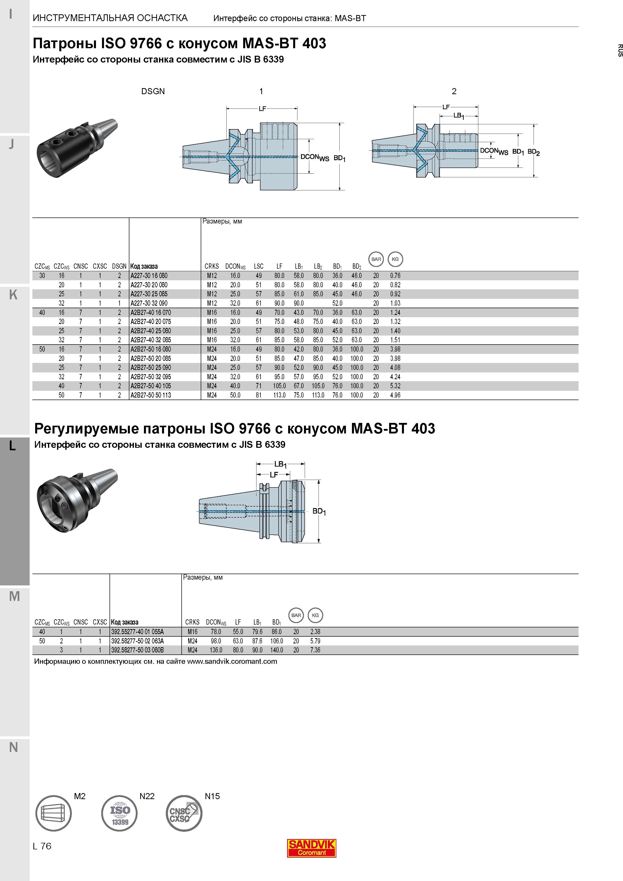 426 Патроны Sandvik Coromant ISO 9766 с конусом MAS-BT 403 Интерфейс со стороны станка совместим с JIS B 6339 Код заказа A227-30 16 080 M12 16 0 49 8 Каталог SANDVIK COROMANT 2017 Фрезы Сверла Расточные инструменты со сменными режущими пластинами Оснастка и принадлежности для станков Стр. L76