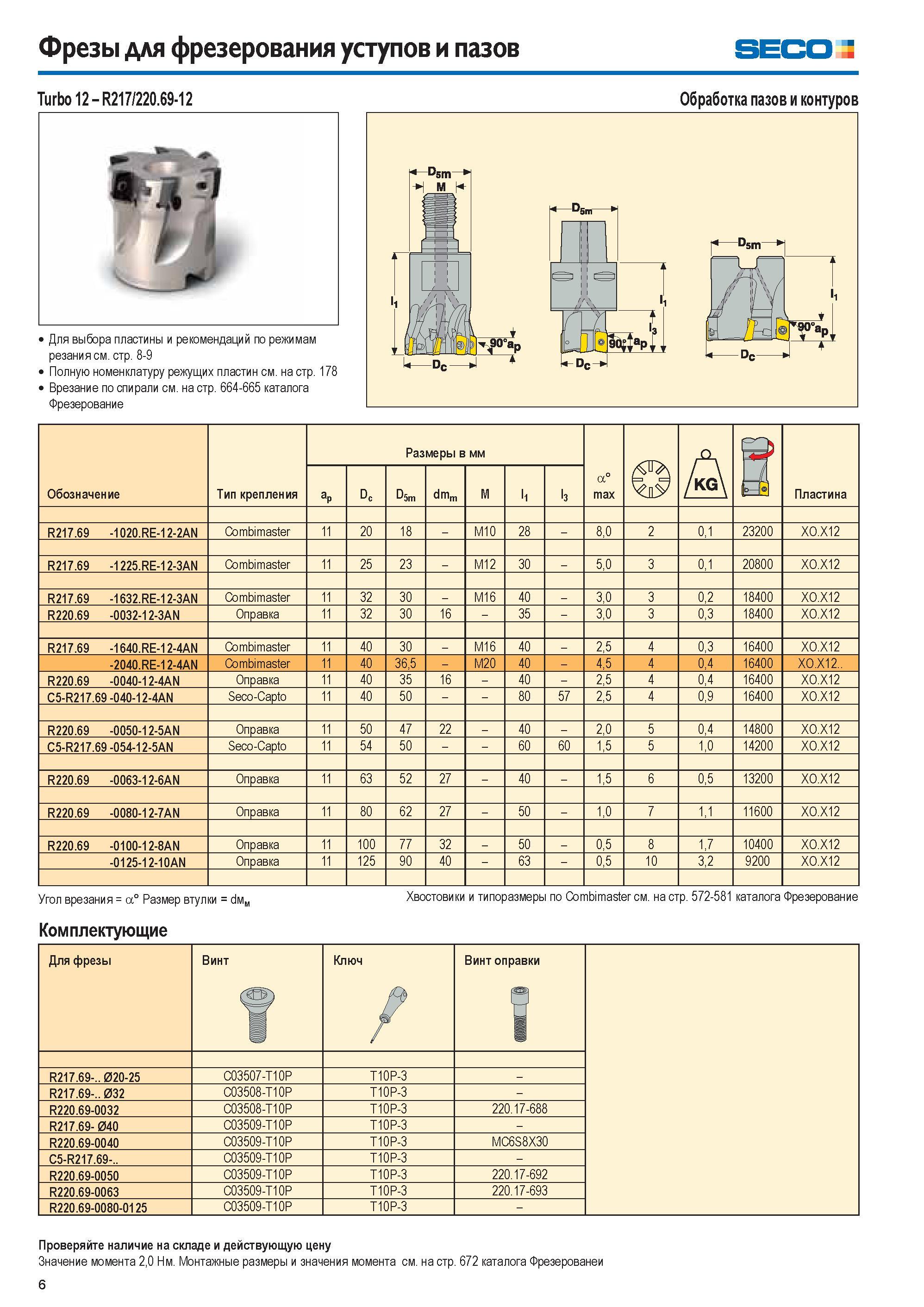 6 Корпусные фрезы Seco Turbo 12 R217/220 69-12 для фрезерования уступов и пазов Каталог SECO 2015 Новый металлорежущий инструмент и инструментальная оснастка для станков и обрабатывающих комплексов Редакция 15-2 Стр. 6