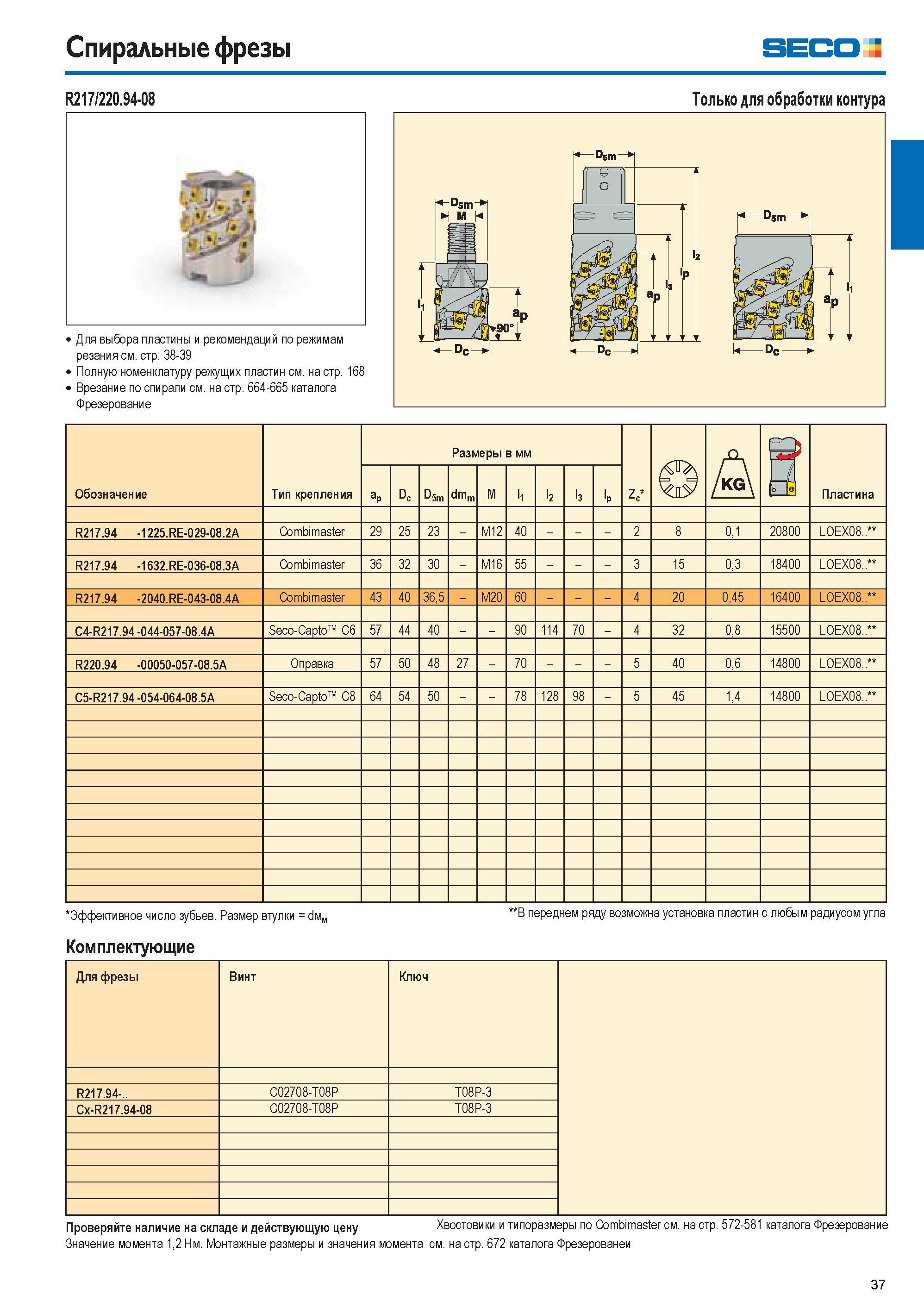 37 Спиральные фрезы SECO Z R217/220 94-08 Для выбора пластины и рекомендаций по режимам резания см стр 38-39 Полную номенклатуру режущих пластин см на стр 168 Каталог SECO 2015 Новый металлорежущий инструмент и инструментальная оснастка для станков и обрабатывающих комплексов Редакция 15-2 Стр. 37