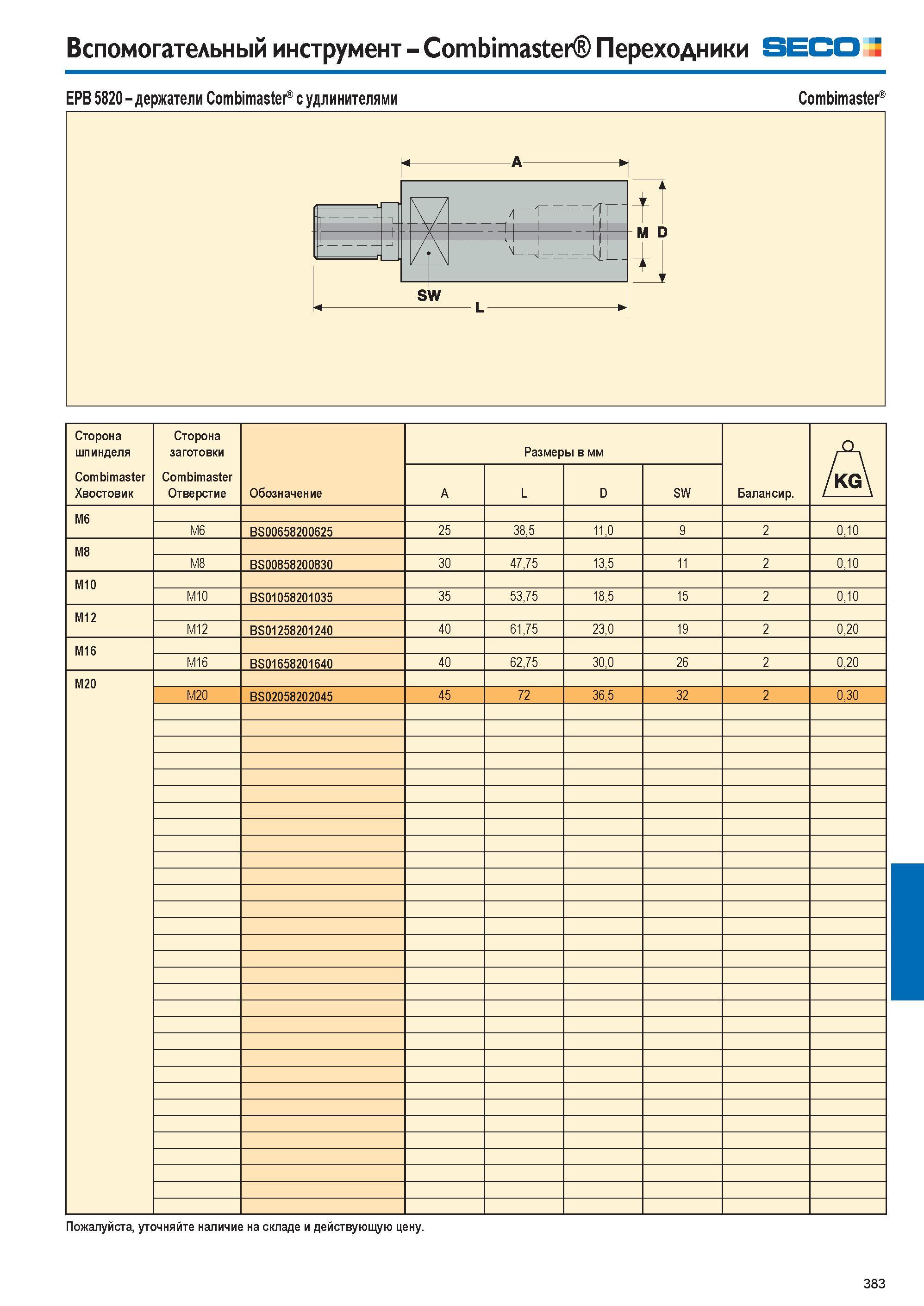 383 Вспомогательный инструмент Combimaster Переходники SECO EPB 5820 держатели Combimaster с удлинителями Combimaster Пожалуйста, уточняйте наличие на складе и Каталог SECO 2015 Новый металлорежущий инструмент и инструментальная оснастка для станков и обрабатывающих комплексов Редакция 15-2 Стр. 383
