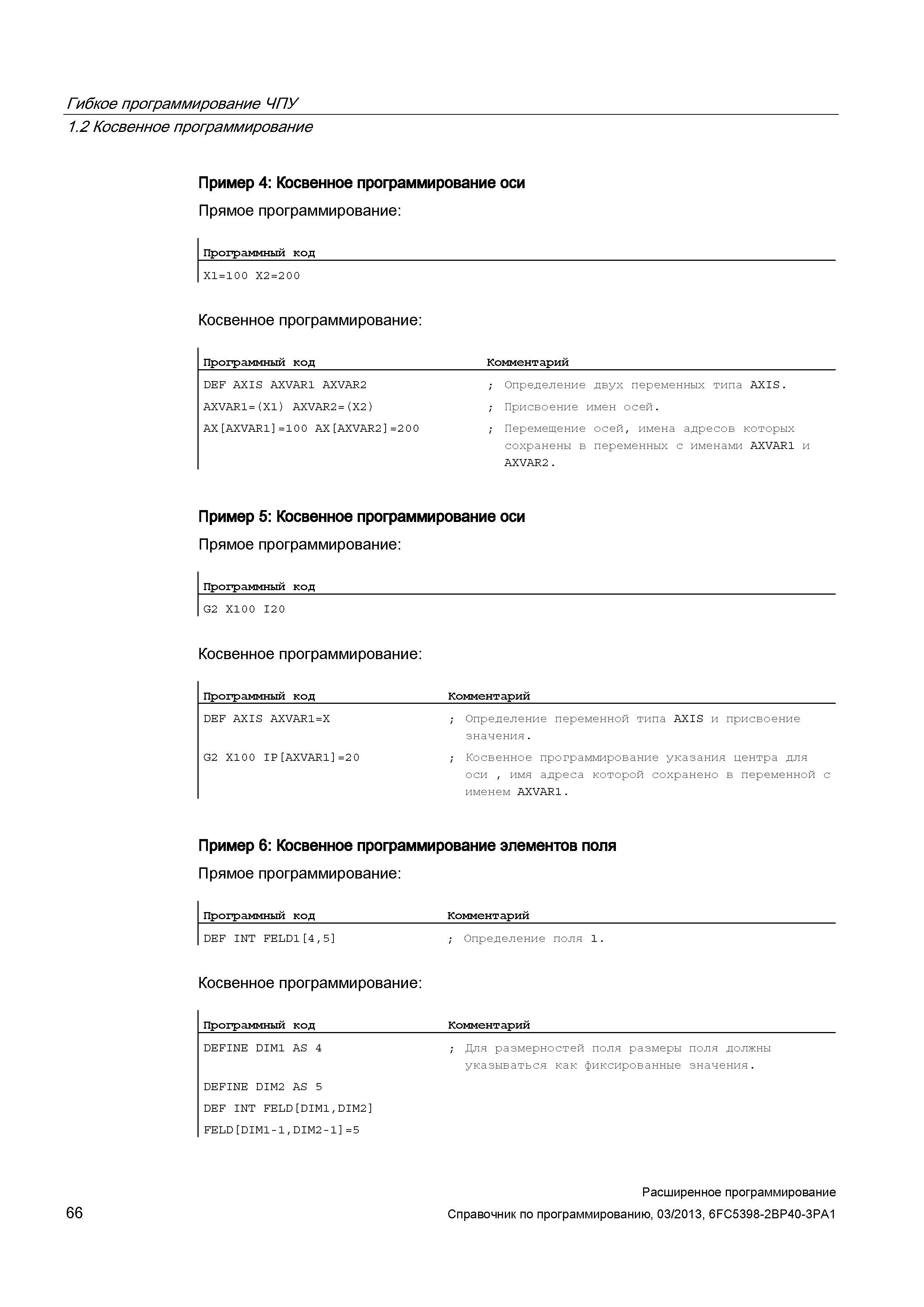 66 Гибкое программирование ЧПУ Косвенное программирование оси Прямое программирование Руководство SIEMENS SINUMERIK 840D sl / 828D Расширенное программирование стоек числового программного управления (ЧПУ) металлорежущих станков вер. 2013 Стр. 66