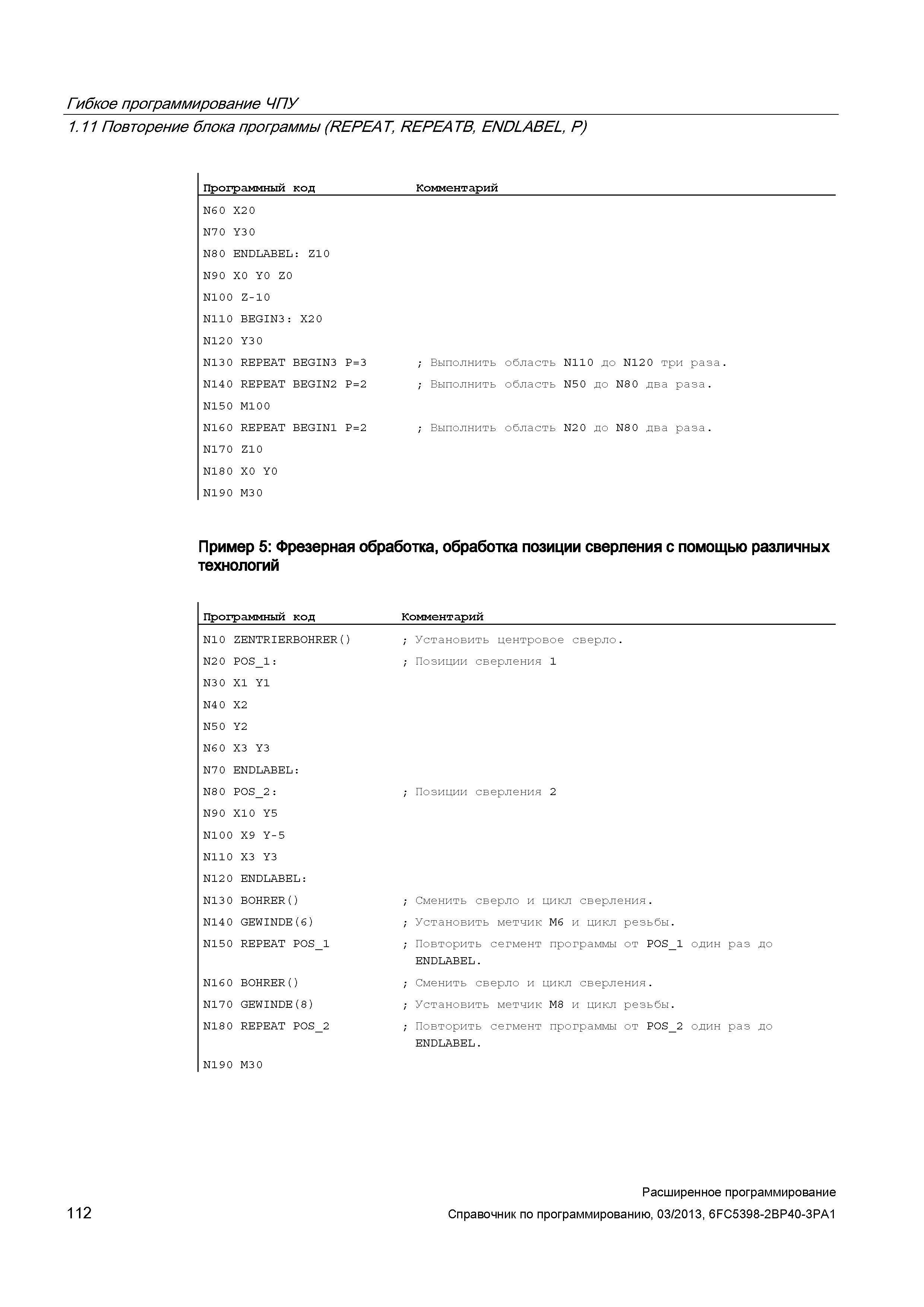 112 Гибкое программирование ЧПУ 1 11 Повторение блока программы (REPEAT, REPEATB, ENDLABEL, P) Программный код Комментарий N6 0 X2 0 N70 Y3 0 N8 0 ENDLABEL: Z10 N90 X0 Y0 Z0 N100 Z-10 N110 BEGIN3: X2 0 N120 Y3 0 N13 0 REPEAT BEGIN3 P=3 N14 0 REPEAT BEGIN2 P=2 N150 M100 N16 0 REPEAT BEGIN1 P=2 N170 Z10 N180 X0 Y0 N190 M30 Выполнить область N110 до N120 три раза Выполнить область N50 до N80 два раза Выполнить область N20 до N80 два раза Пример 5: Фрезерная обработка, обработка позиции сверления с помощью различных технологий Программный код Комментарий N10 ZENTRIERBOHRER() N2 0 POS_1 Руководство SIEMENS SINUMERIK 840D sl / 828D Расширенное программирование стоек числового программного управления (ЧПУ) металлорежущих станков вер. 2013 Стр. 112