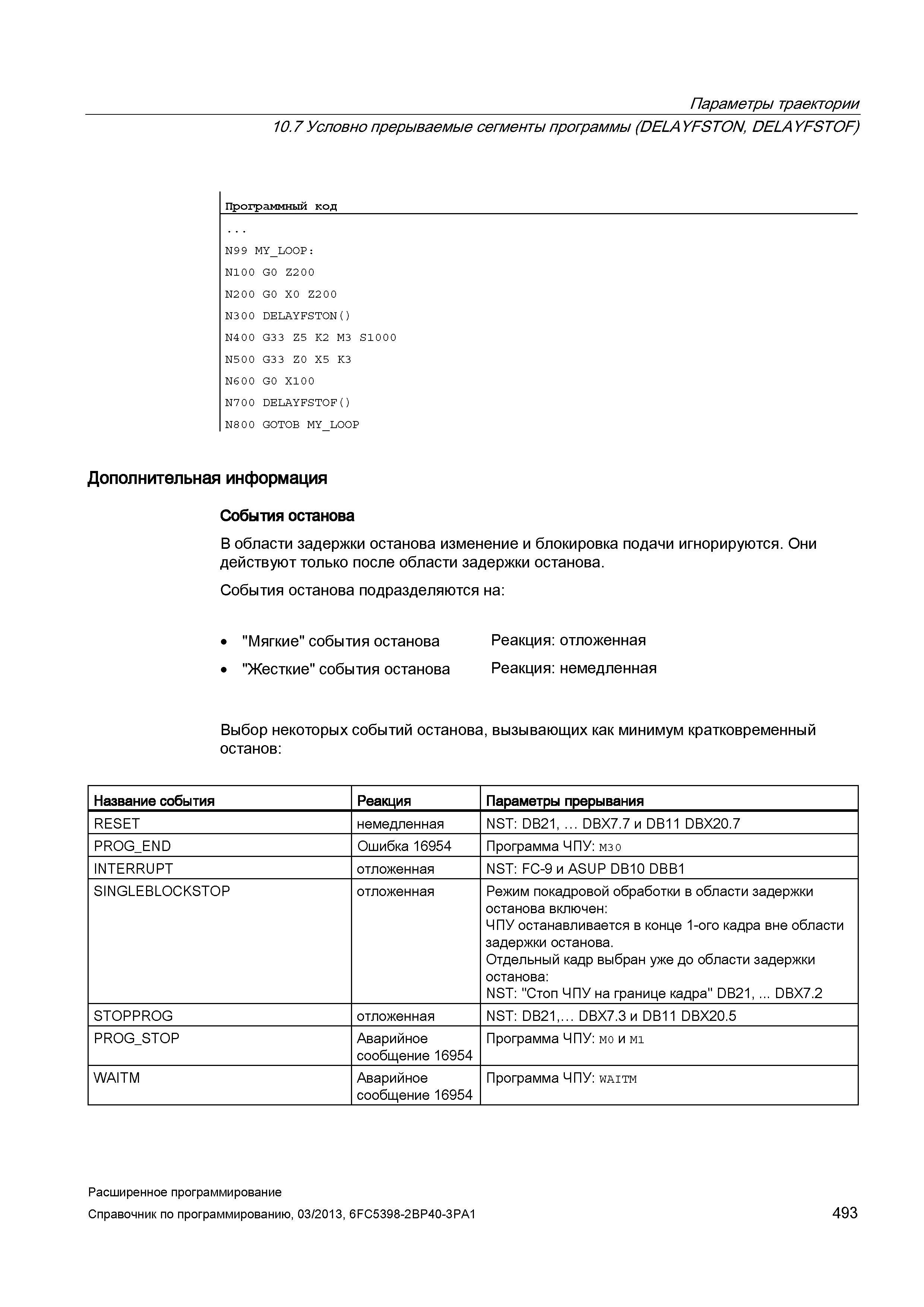 493 Параметры траектории 10 7 Условно прерываемые сегменты программы (DELAYFSTON, DELAYFSTOF) Программный код N9 9 M Руководство SIEMENS SINUMERIK 840D sl / 828D Расширенное программирование стоек числового программного управления (ЧПУ) металлорежущих станков вер. 2013 Стр. 493