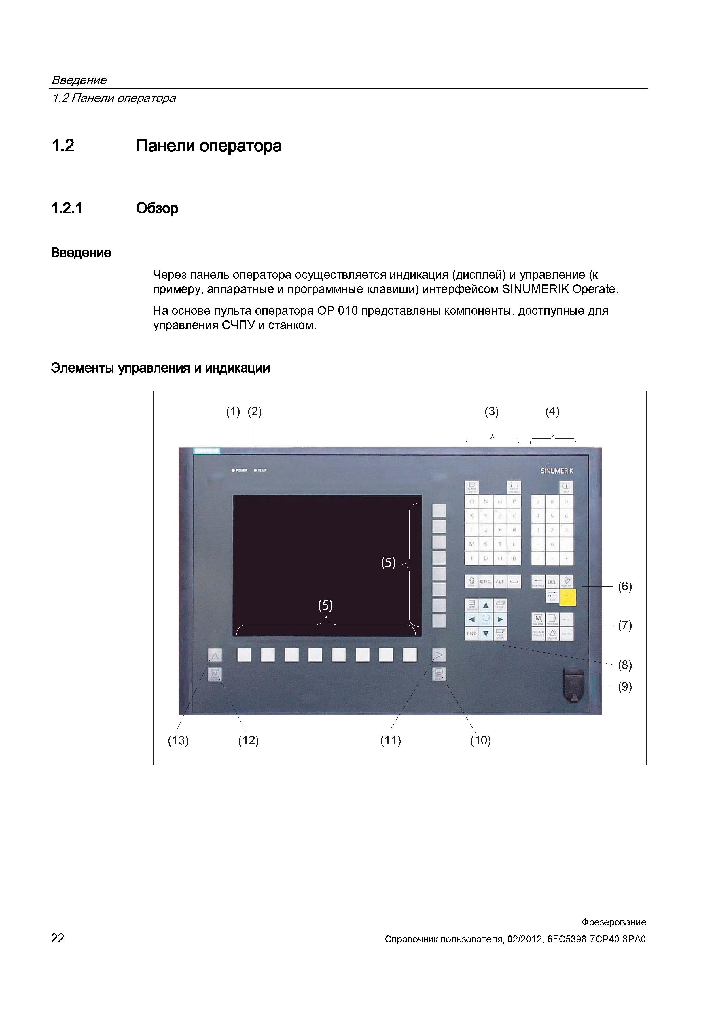 22 Через панель оператора CNC Siemens Sinumerik 840D sl осуществляется индикация (дисплей) и управление (клавиши) интерфейсом Справочник пользователя SIEMENS 840D sl 828D SINUMERIK Фрезерная обработка Системы числового программного управления станками СЧПУ Версия 2012 Стр. 22
