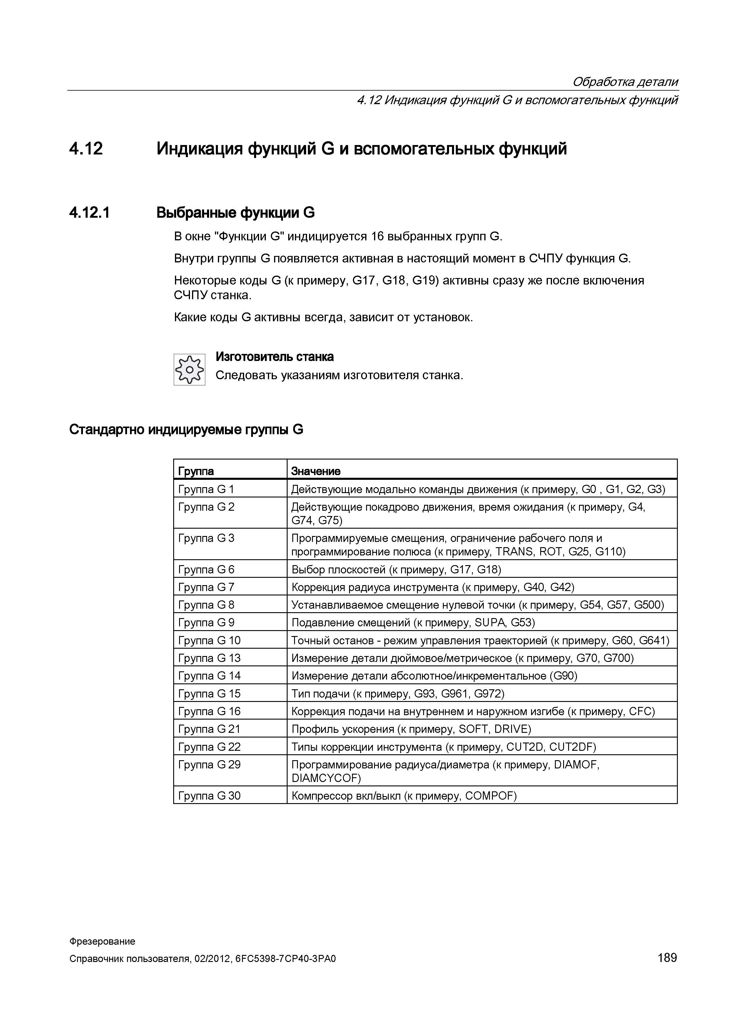 189 Индикация функций G и вспомогательных функций 4 12 1 Выбранные функции G В окне Функции G индицируется 16 выбранных групп G Внутри группы G Справочник пользователя SIEMENS 840D sl 828D SINUMERIK Фрезерная обработка Системы числового программного управления станками СЧПУ Версия 2012 Стр. 189