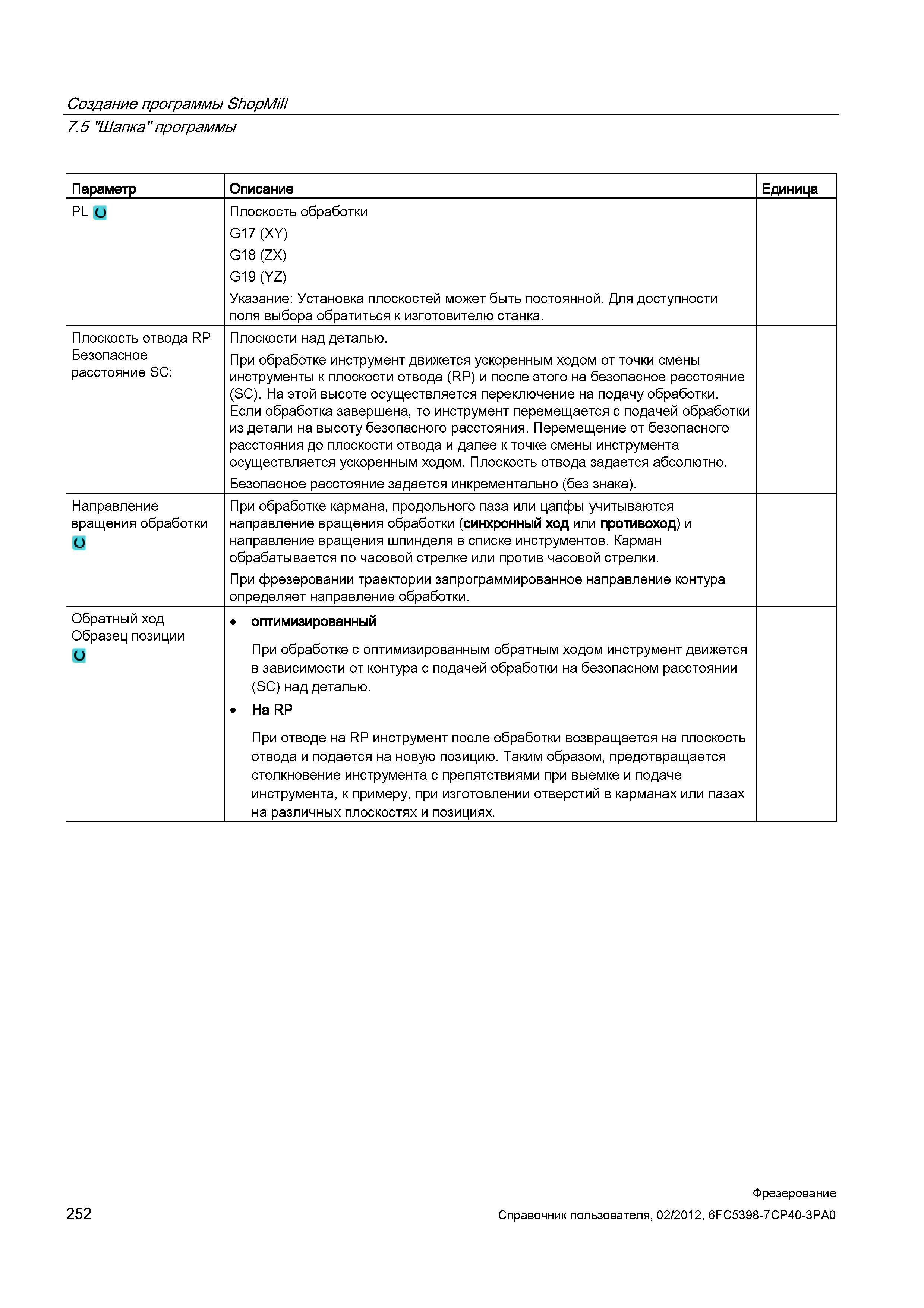 252 Плоскость отвода RP Безопасное расстояние SC: Плоскости над деталью При обработке инструмент движется ускоренным ходом от точки смены инстру Справочник пользователя SIEMENS 840D sl 828D SINUMERIK Фрезерная обработка Системы числового программного управления станками СЧПУ Версия 2012 Стр. 252