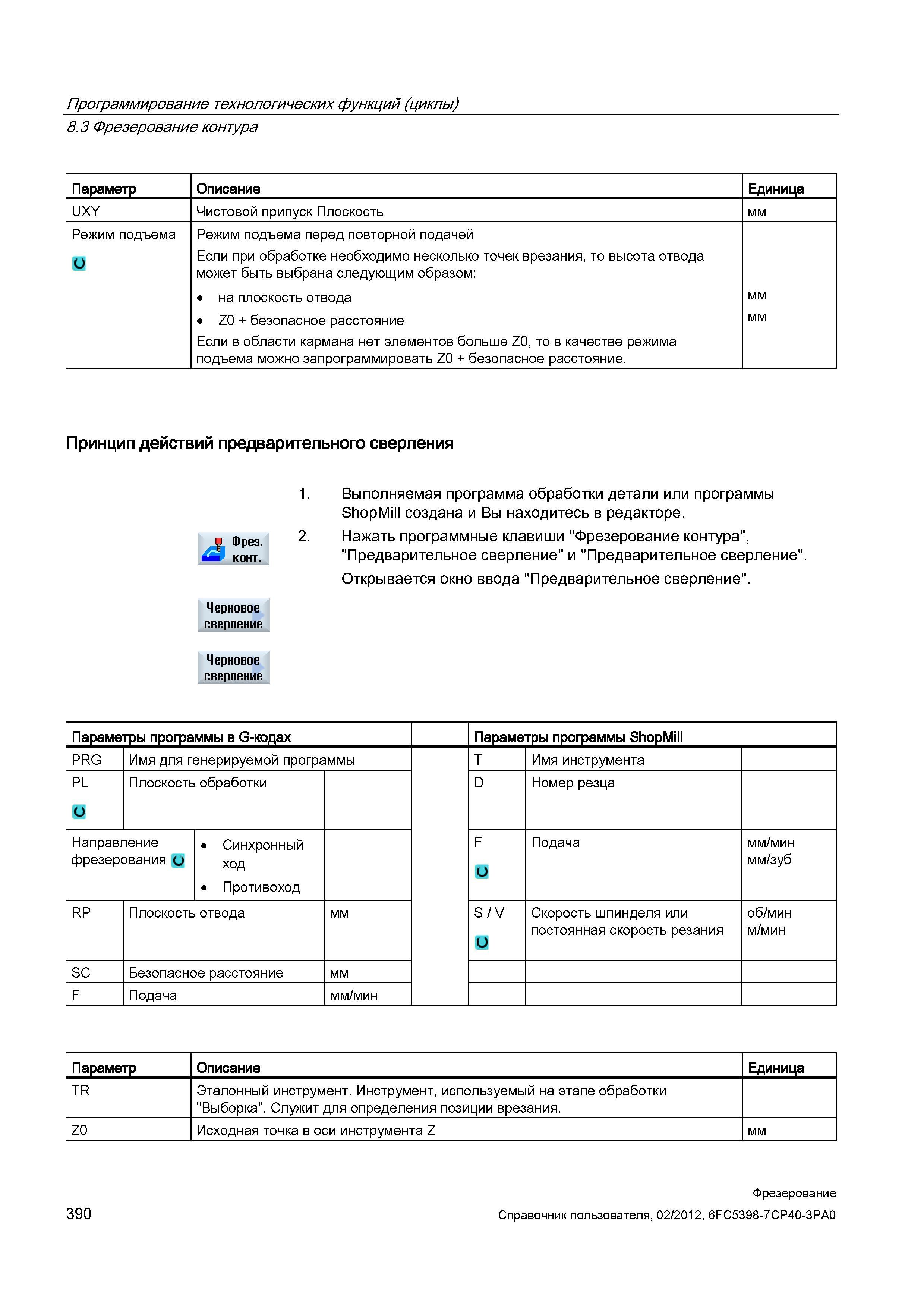 390 Черновое сверление Выполняемая программа обработки детали или программы ShopMill создана и Вы находитесь в редакторе 2 Нажать программные кл Справочник пользователя SIEMENS 840D sl 828D SINUMERIK Фрезерная обработка Системы числового программного управления станками СЧПУ Версия 2012 Стр. 390