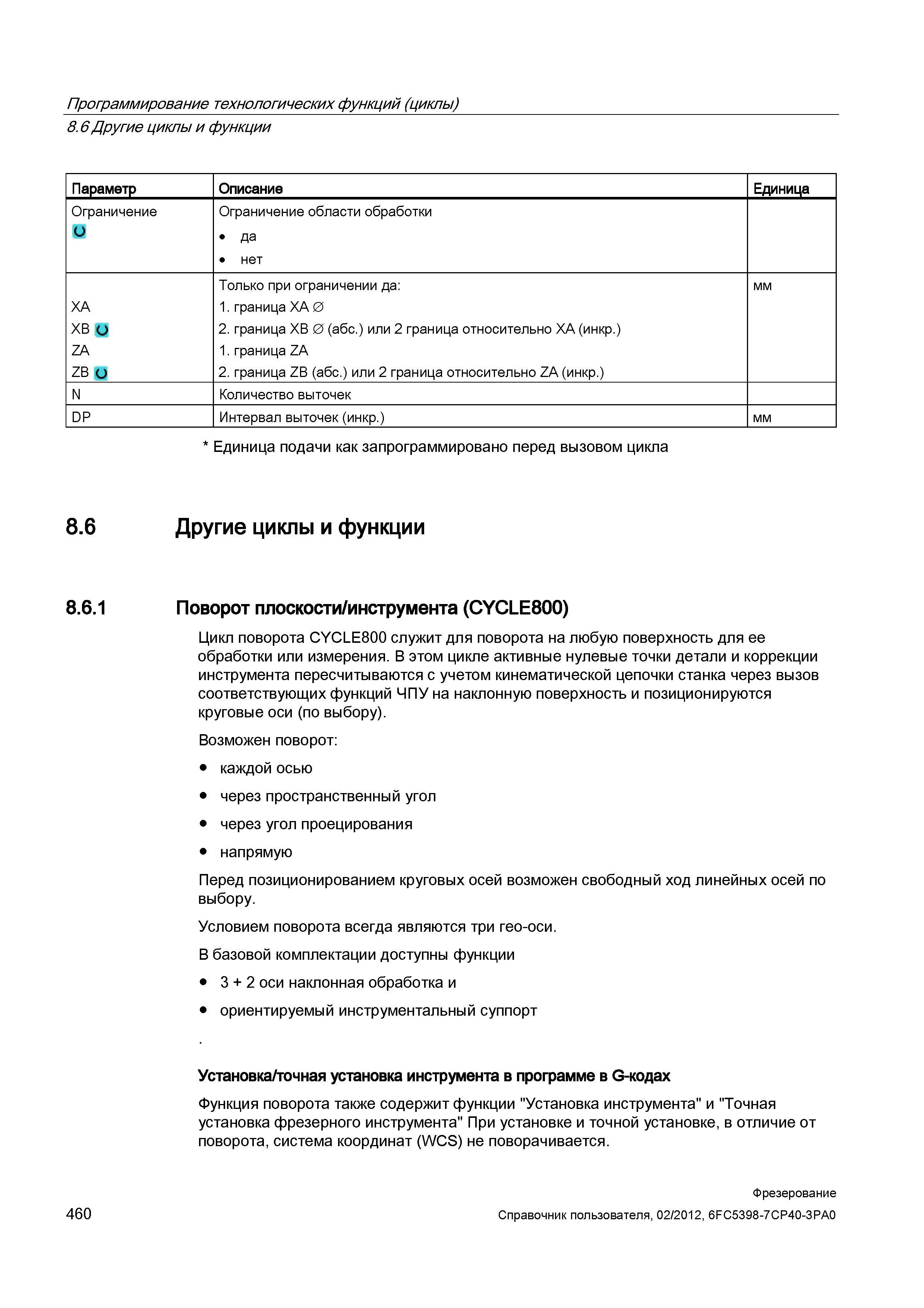 460 Цикл поворота CYCLE800 служит для поворота на любую поверхность для ее обработки или измерения В этом цикле активные нулевые точки детали и Справочник пользователя SIEMENS 840D sl 828D SINUMERIK Фрезерная обработка Системы числового программного управления станками СЧПУ Версия 2012 Стр. 460
