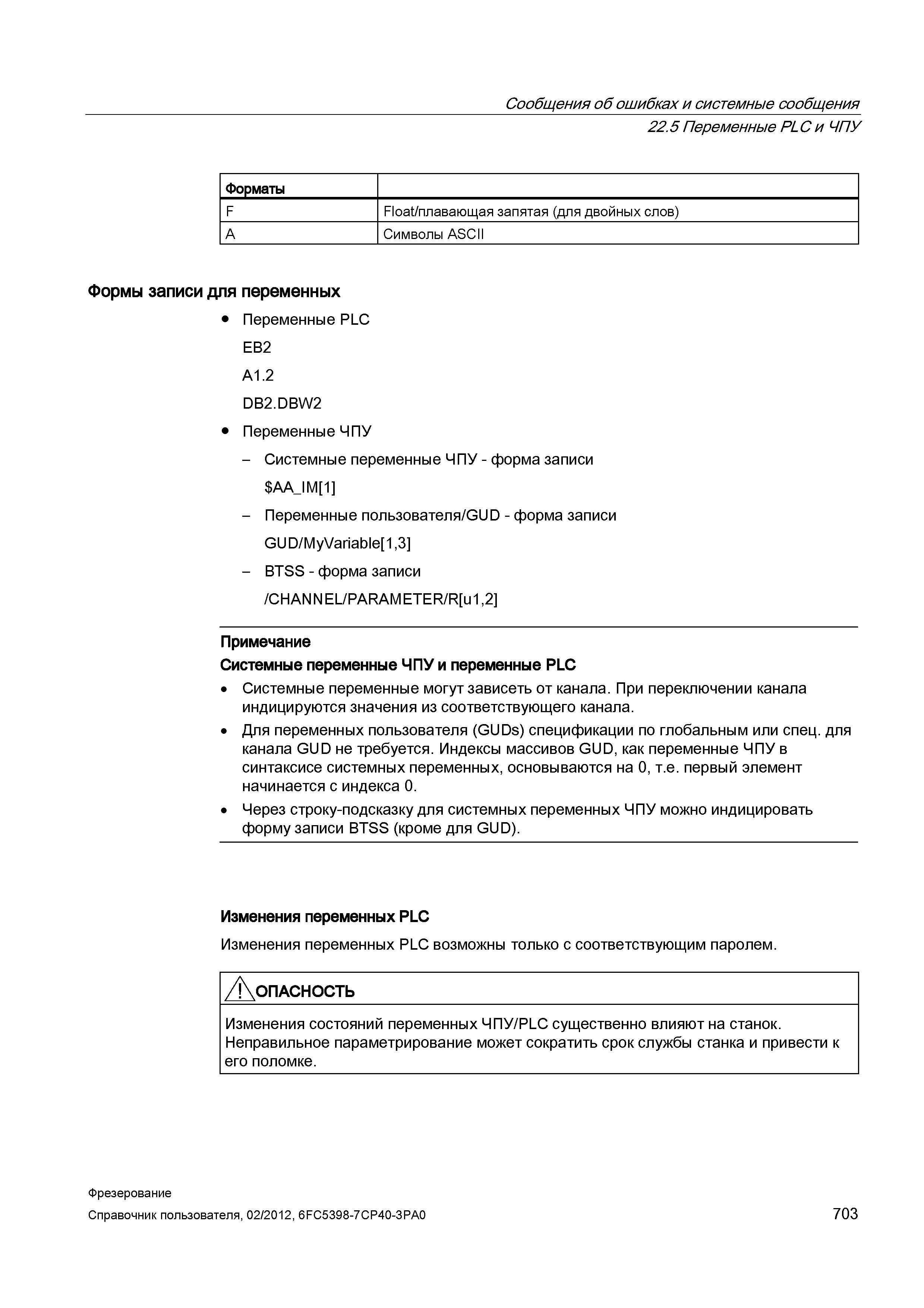 703 Переменные PLC и ЧПУ Справочник пользователя SIEMENS 840D sl 828D SINUMERIK Фрезерная обработка Системы числового программного управления станками СЧПУ Версия 2012 Стр. 703