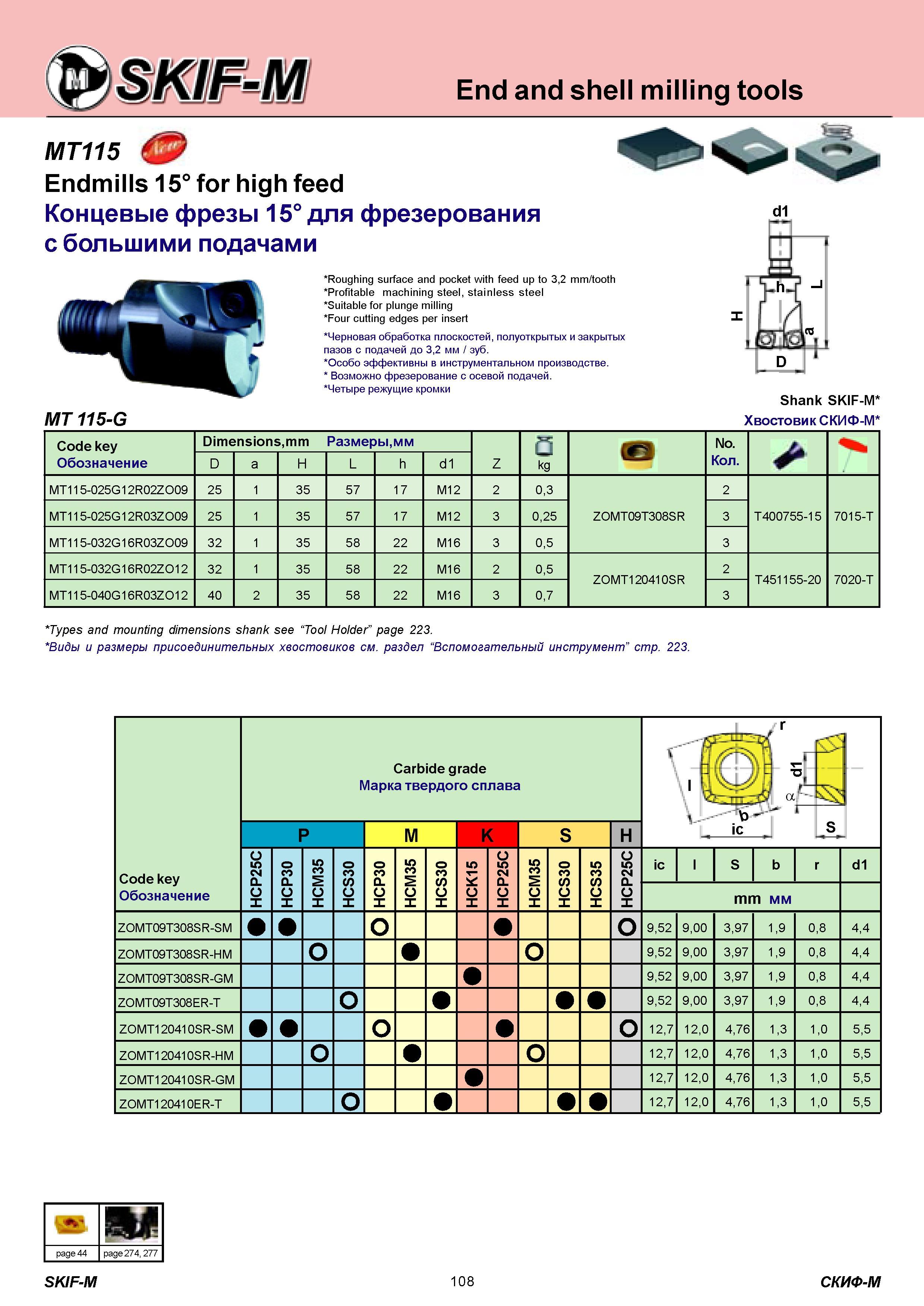 108 End and shell milling tools MT115 Endmills 15° for high feed Концевые фрезы 15° для фрезерования с большими подачами d1 Roughing surface and pocket with Каталог СКИФ-М 2011 Металлорежущий инструмент для фрезерования и сверления Инструментальная оснастка для металлообрабатывающих станков Стр. 108