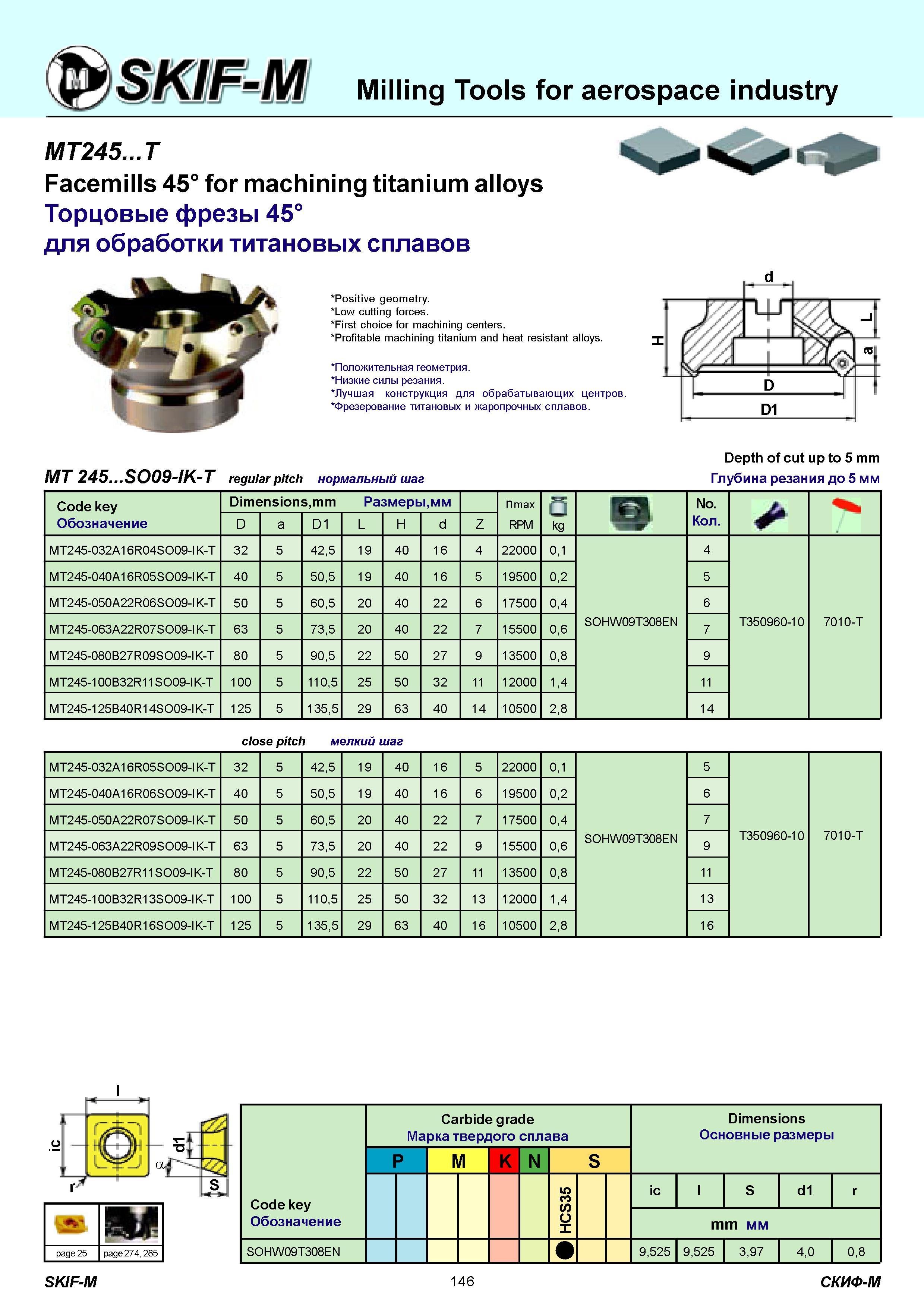 146 Milling Tools for aerospace industry MT245 T Facemills 45° for machining titanium alloys Торцовые фрезы 45° для обработки титановых сплавов Positive geo Каталог СКИФ-М 2011 Металлорежущий инструмент для фрезерования и сверления Инструментальная оснастка для металлообрабатывающих станков Стр. 146