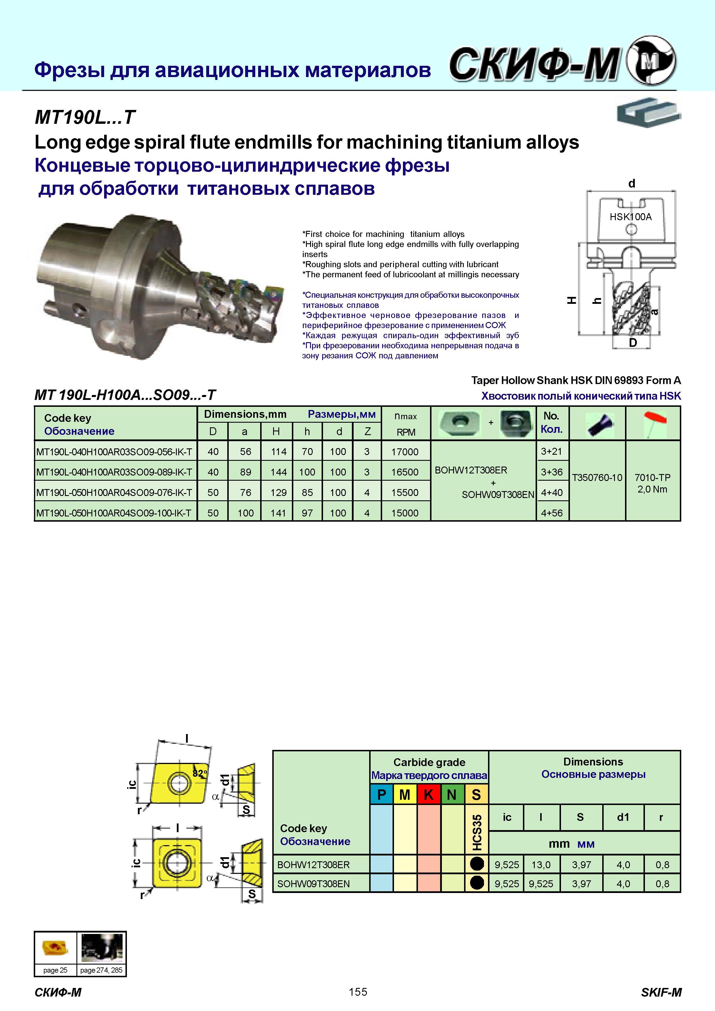 155 Фрезы для авиационных материалов MT190L T Long edge spiral flute endmills for machining titanium alloys Концевые торцово-цилиндрические фрезы для обрабо Каталог СКИФ-М 2011 Металлорежущий инструмент для фрезерования и сверления Инструментальная оснастка для металлообрабатывающих станков Стр. 155