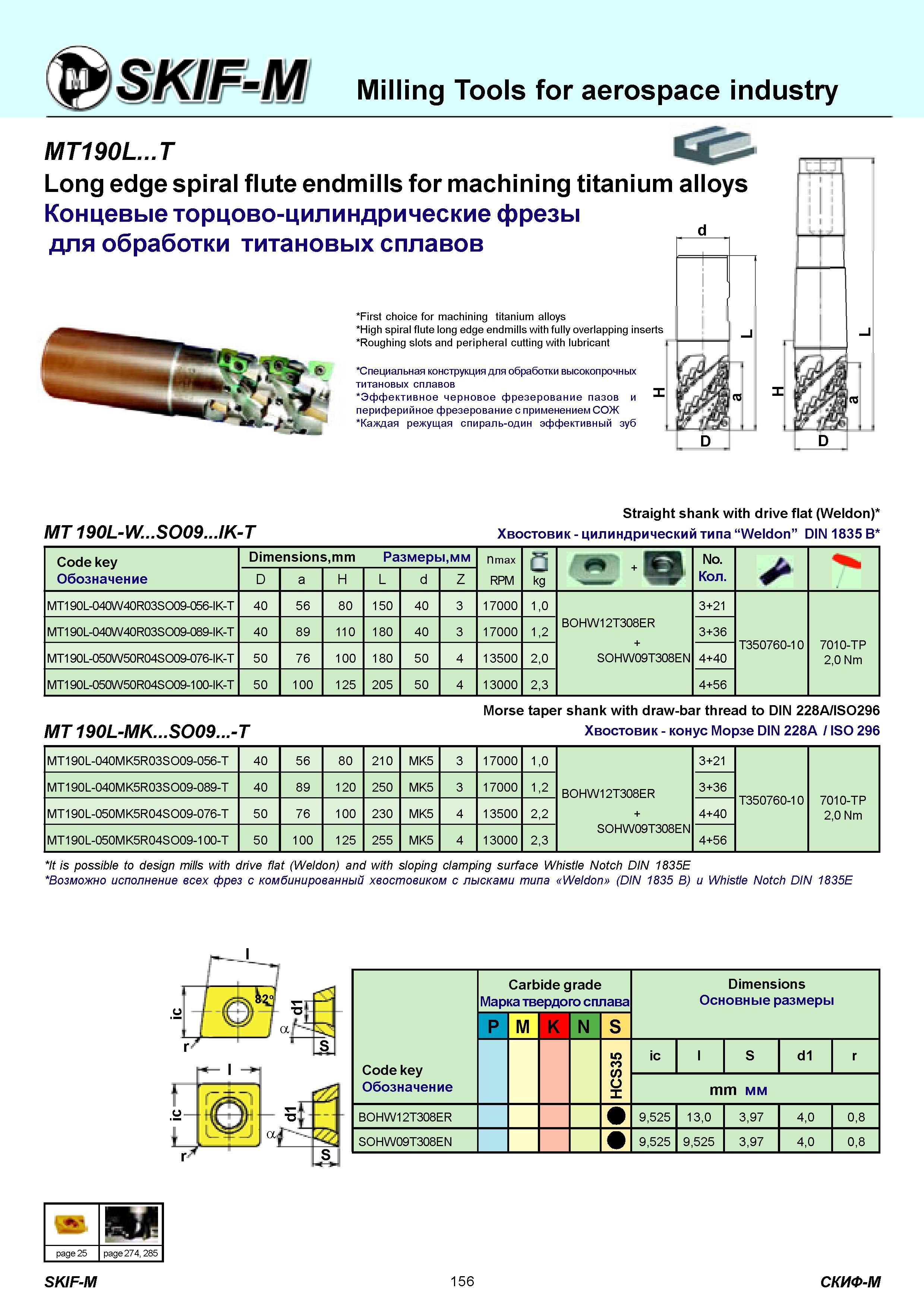 156 Milling Tools for aerospace industry MT190L T Long edge spiral flute endmills for machining titanium alloys Концевые торцово-цилиндрические фрезы для об Каталог СКИФ-М 2011 Металлорежущий инструмент для фрезерования и сверления Инструментальная оснастка для металлообрабатывающих станков Стр. 156