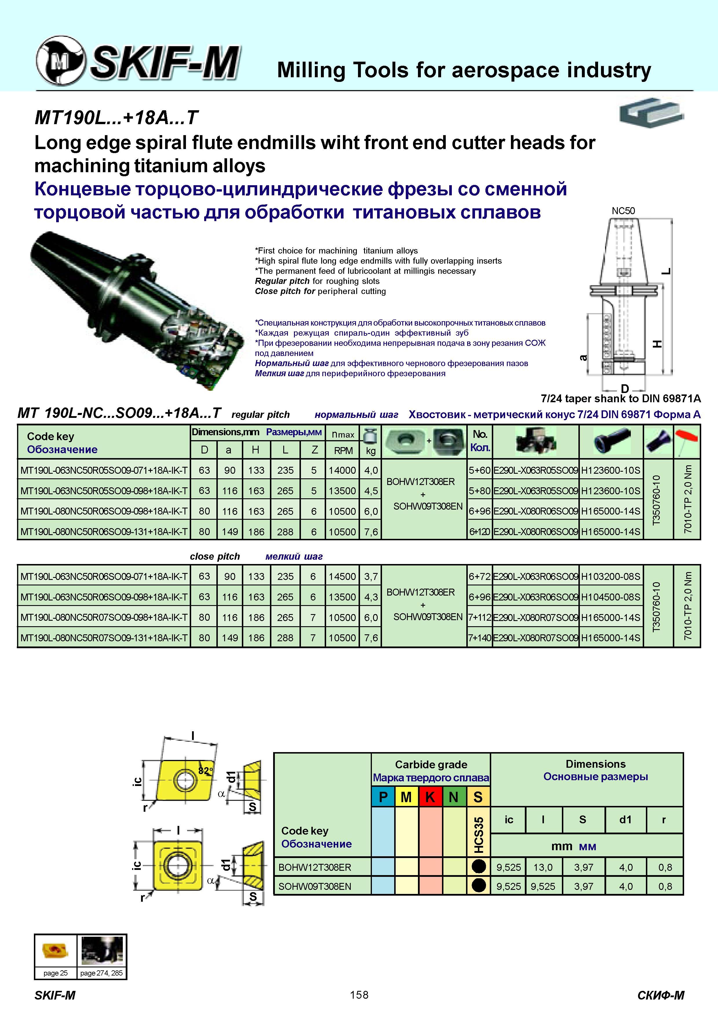 158 Milling Tools for aerospace industry MT190L +18A T Long edge spiral flute endmills wiht front end cutter heads for machining titanium alloys Концевые то Каталог СКИФ-М 2011 Металлорежущий инструмент для фрезерования и сверления Инструментальная оснастка для металлообрабатывающих станков Стр. 158