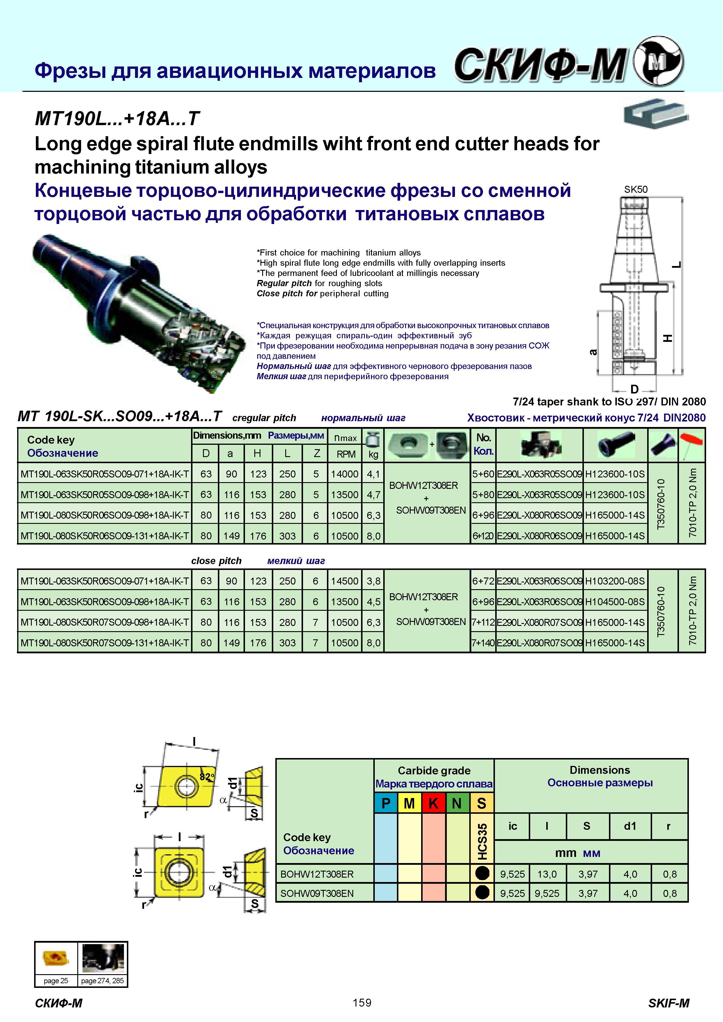 159 Фрезы для авиационных материалов SK50 MT190L +18A T Long edge spiral flute endmills wiht front end cutter heads for machining titanium alloys Концевые т Каталог СКИФ-М 2011 Металлорежущий инструмент для фрезерования и сверления Инструментальная оснастка для металлообрабатывающих станков Стр. 159