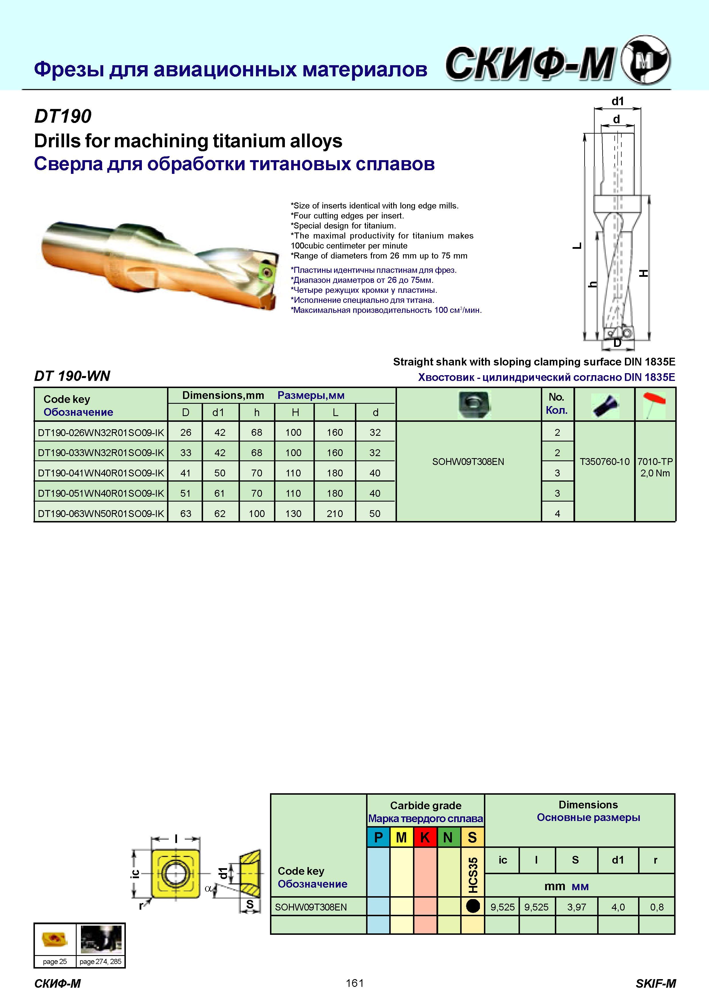 161 Фрезы для авиационных материалов скиф DT190 Drills for machining titanium alloys Сверла для обработки титановых сплавов d1 Size of inserts identical wit Каталог СКИФ-М 2011 Металлорежущий инструмент для фрезерования и сверления Инструментальная оснастка для металлообрабатывающих станков Стр. 161