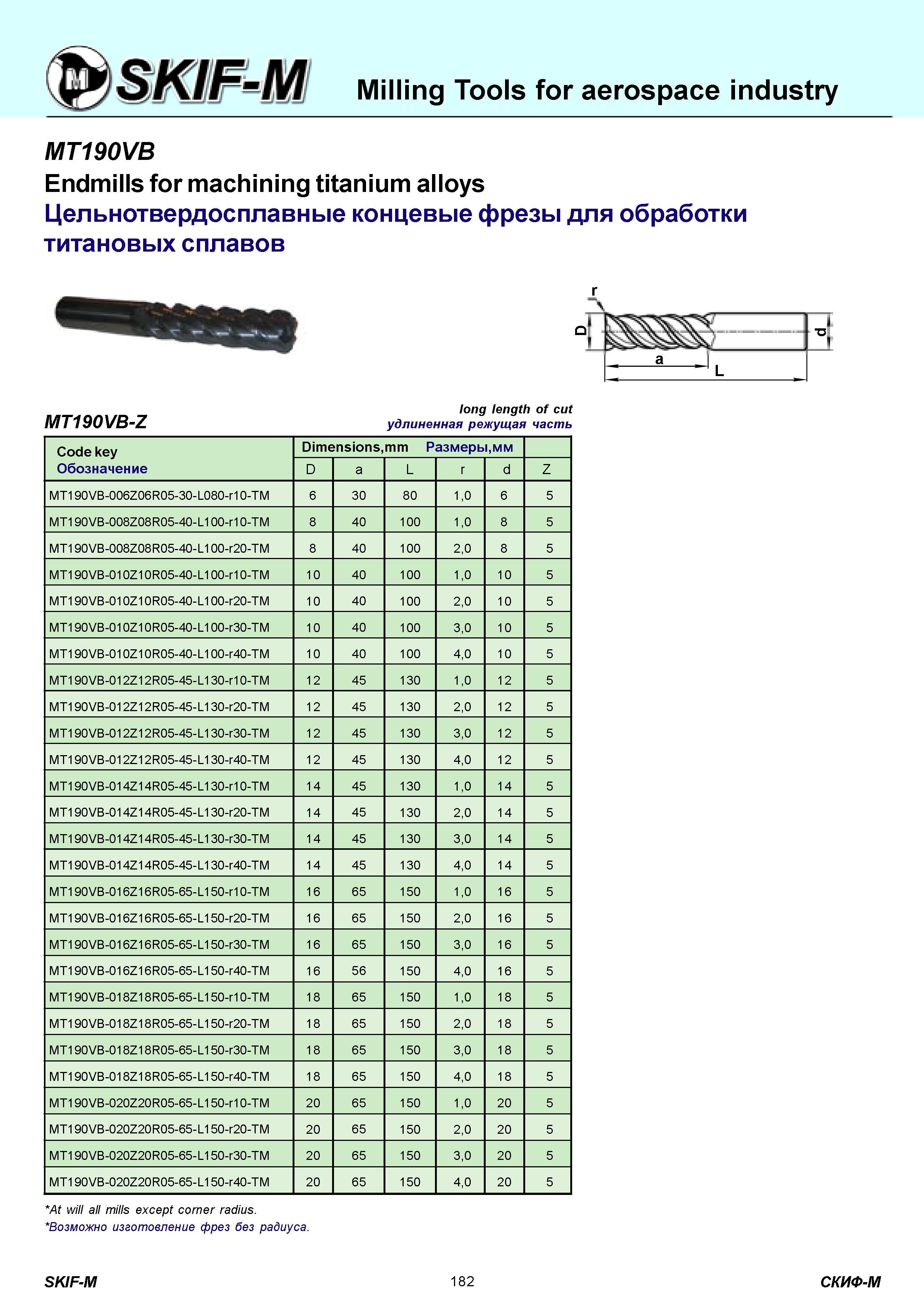 182 Endmills for machining titanium alloys Цельнотвердосплавные концевые фрезы MT190VB для обработки титановых сплавов long length of cut MT190VB-Z удлиненн Каталог СКИФ-М 2011 Металлорежущий инструмент для фрезерования и сверления Инструментальная оснастка для металлообрабатывающих станков Стр. 182