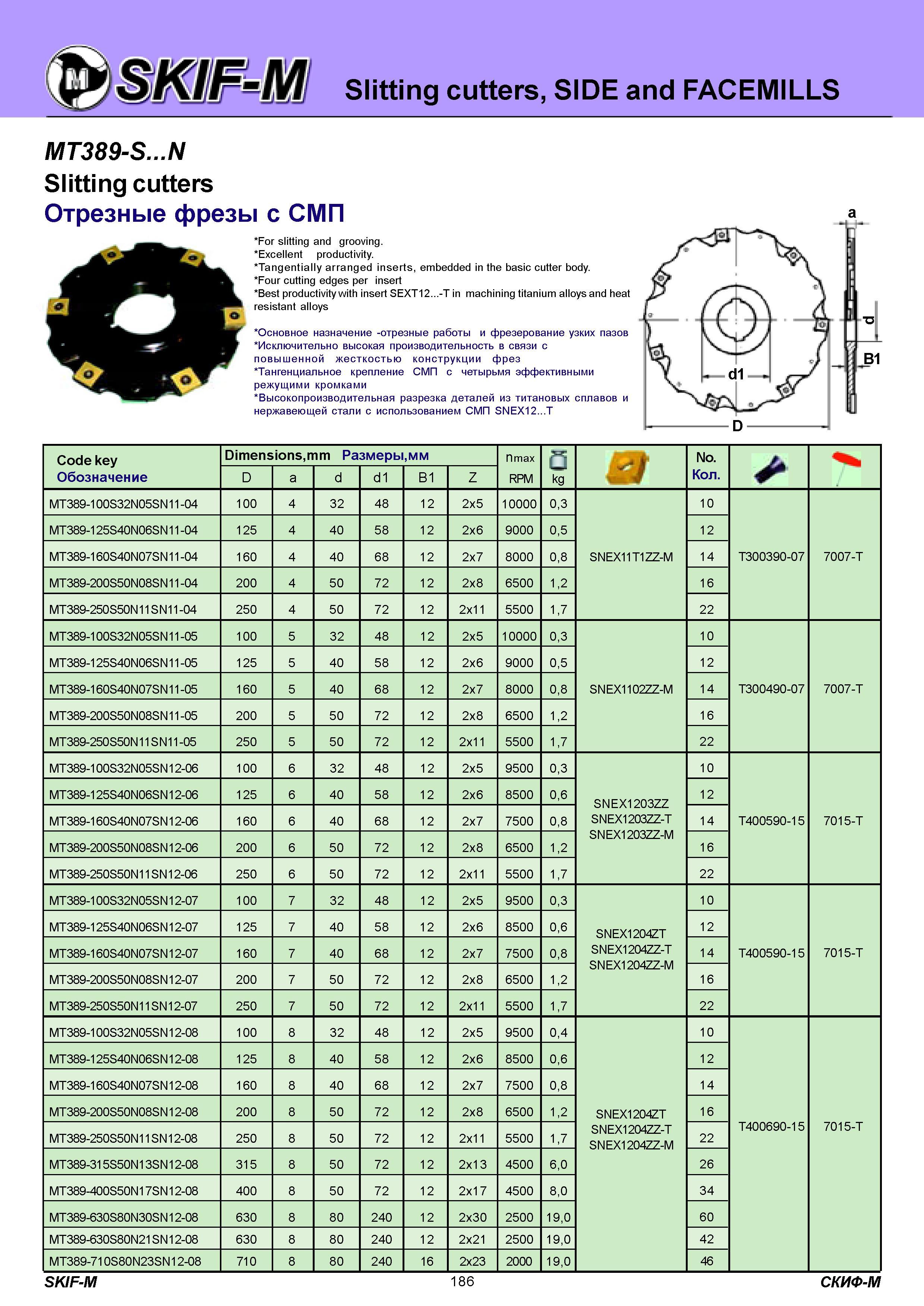 186 Slitting cutters SIDE and FACEMILLS MT389-S N Slitting cutters Отрезные фрезы с СМП For slitting and grooving Excellent productivity Tangentially arrang Каталог СКИФ-М 2011 Металлорежущий инструмент для фрезерования и сверления Инструментальная оснастка для металлообрабатывающих станков Стр. 186