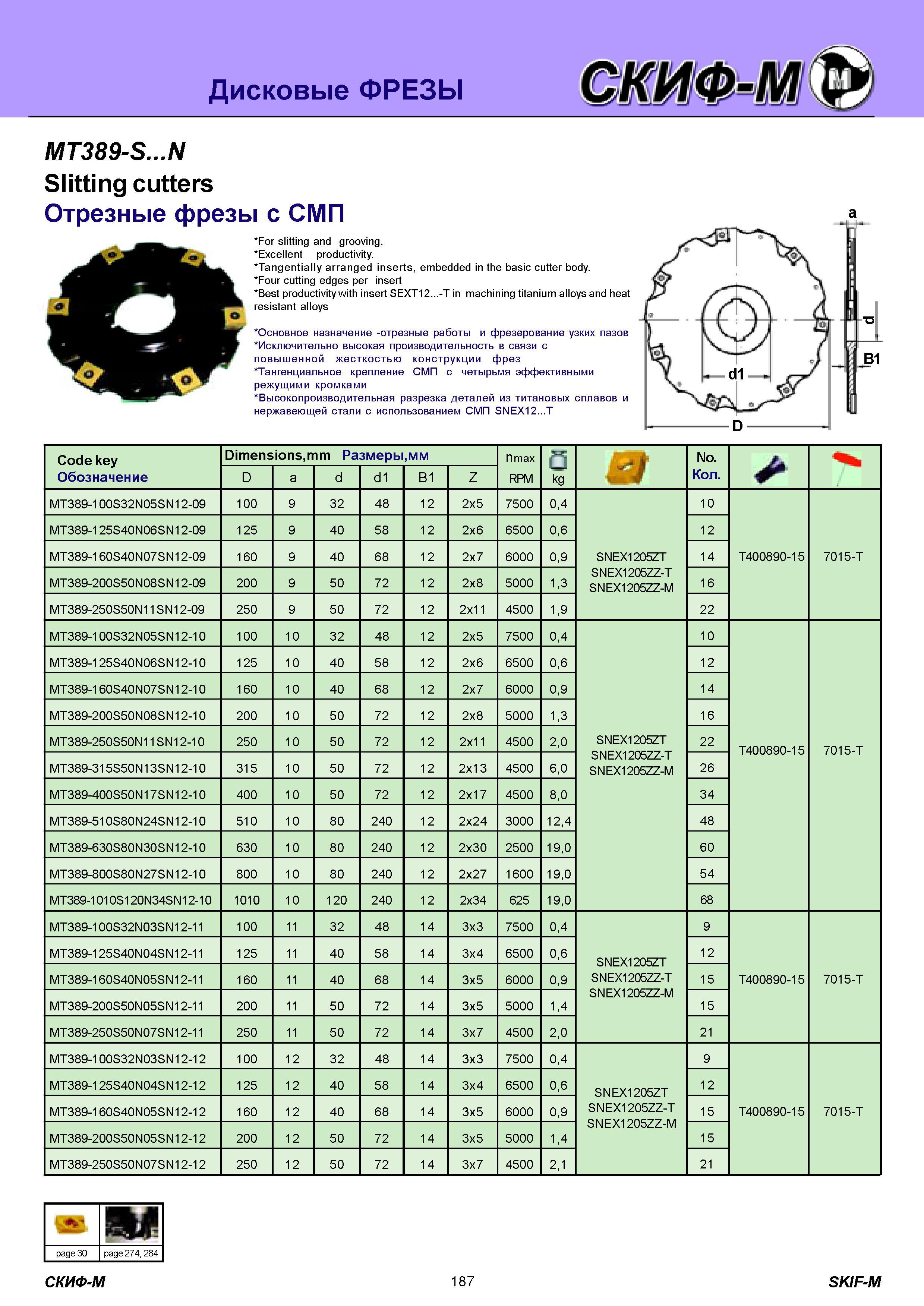 187 Дисковые ФРЕЗЫ MT389-S N Slitting cutters Отрезные фрезы с СМП For slitting and grooving Excellent productivity Tangentially arranged inserts, embedded Каталог СКИФ-М 2011 Металлорежущий инструмент для фрезерования и сверления Инструментальная оснастка для металлообрабатывающих станков Стр. 187