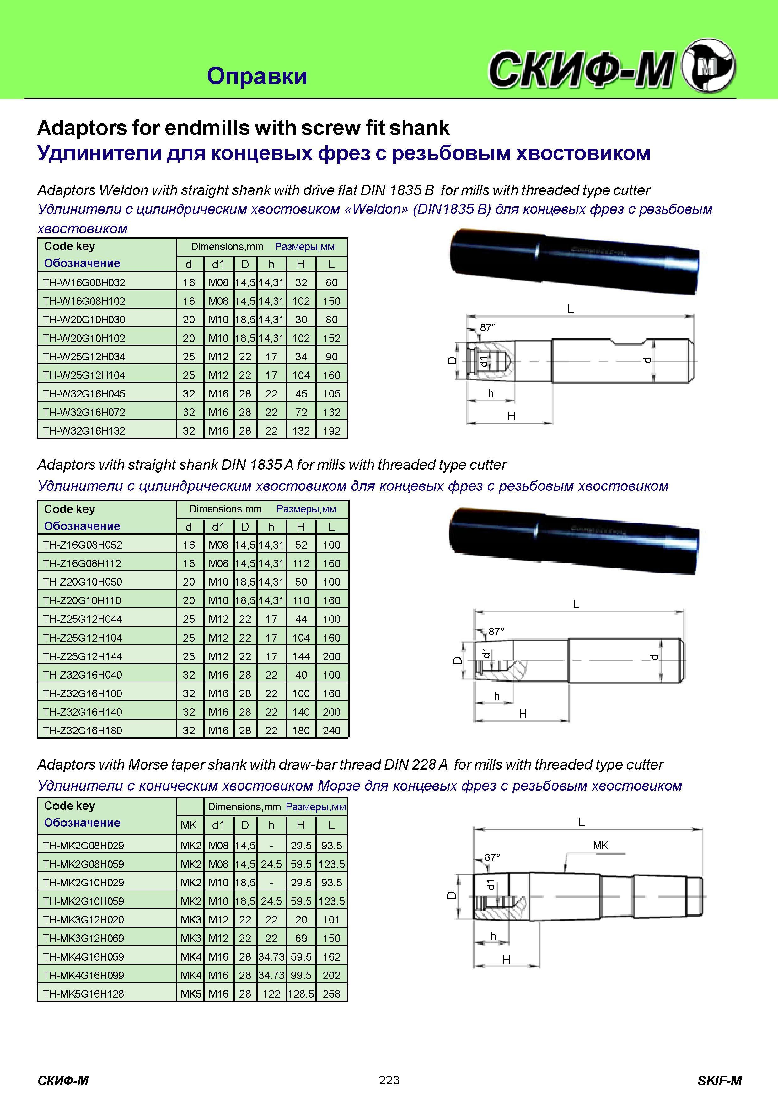 223 Оправки Adaptors for endmills with screw fit shank Удлинители для концевых фрез с резьбовым хвостовиком Adaptors Weldon with straight shank with drive f Каталог СКИФ-М 2011 Металлорежущий инструмент для фрезерования и сверления Инструментальная оснастка для металлообрабатывающих станков Стр. 223