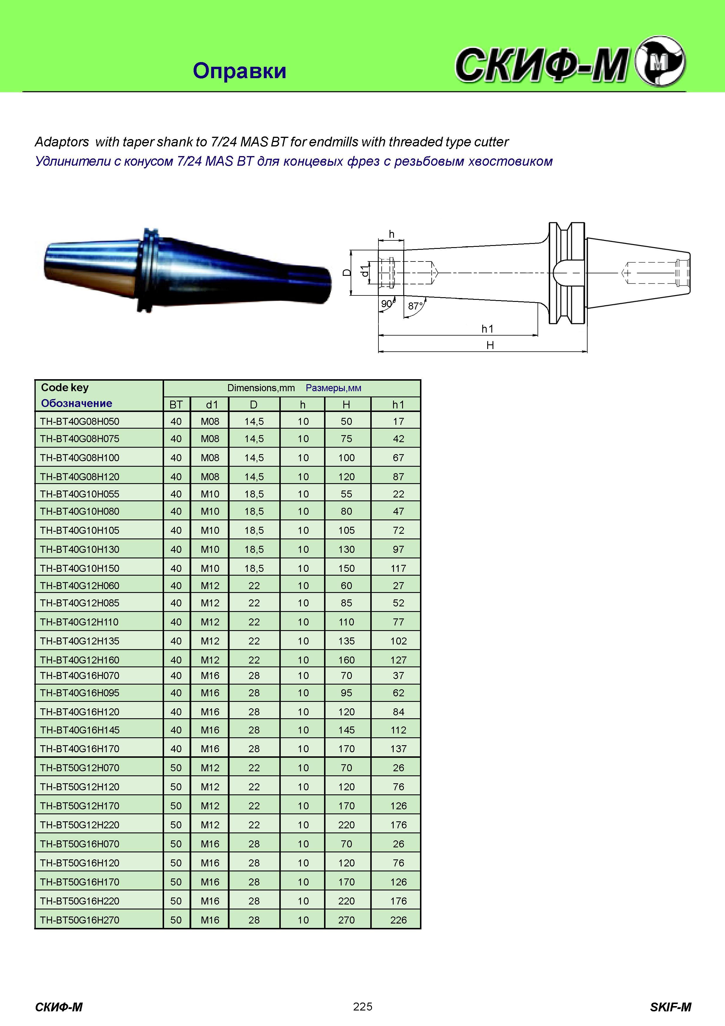 225 Оправки Adaptors with taper shank to 7/24 MAS BT for endmills with threaded type cutter Удлинители c конусом 7/24 MAS BT для концевых фрез с резьбовым х Каталог СКИФ-М 2011 Металлорежущий инструмент для фрезерования и сверления Инструментальная оснастка для металлообрабатывающих станков Стр. 225