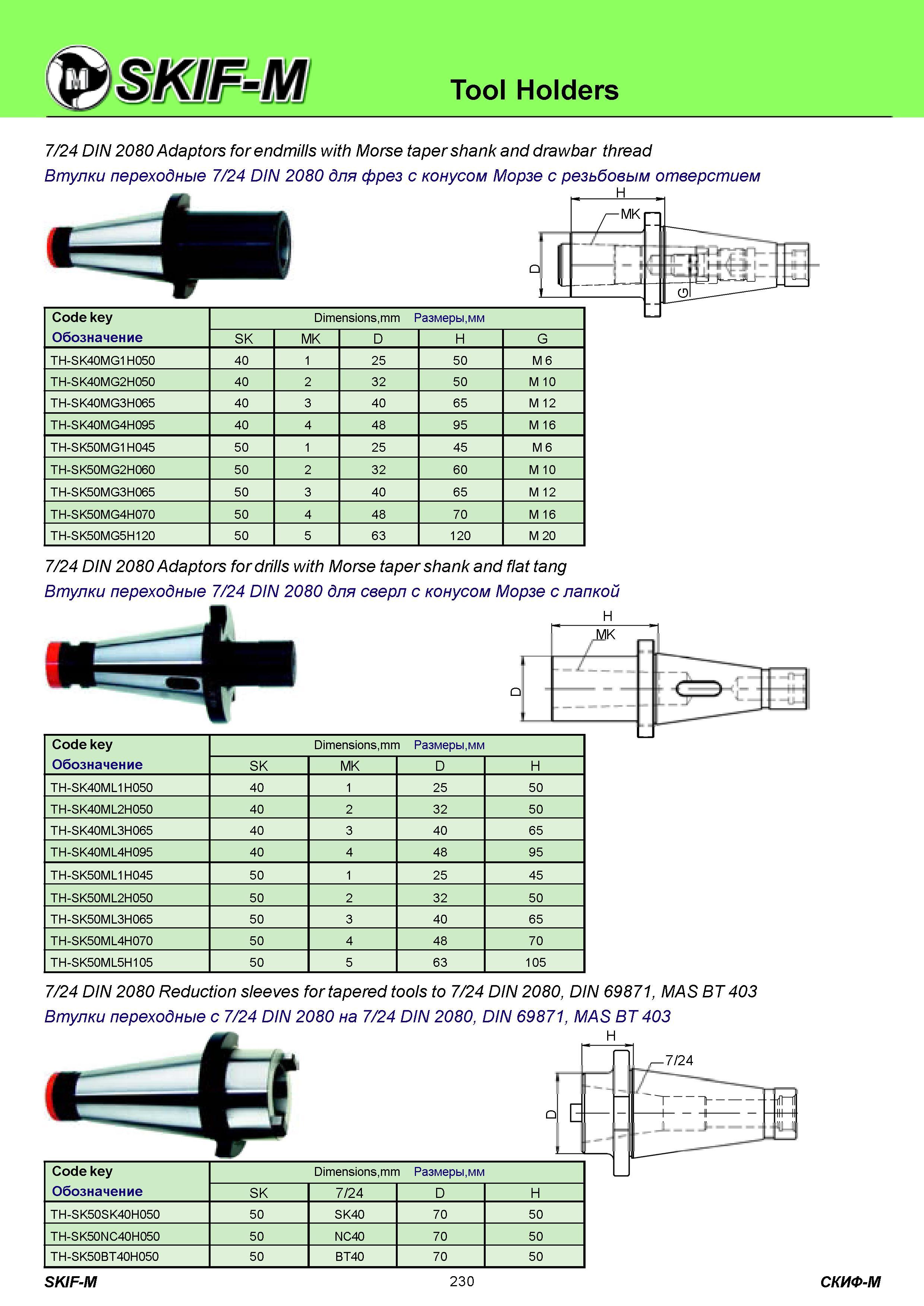 230 Tool Holders 7/24 DIN 2080 Adaptors for endmills with Morse taper shank and drawbar thread Втулки переходные 7/24 DIN 2080 для фрез с конусом Морзе с ре Каталог СКИФ-М 2011 Металлорежущий инструмент для фрезерования и сверления Инструментальная оснастка для металлообрабатывающих станков Стр. 230