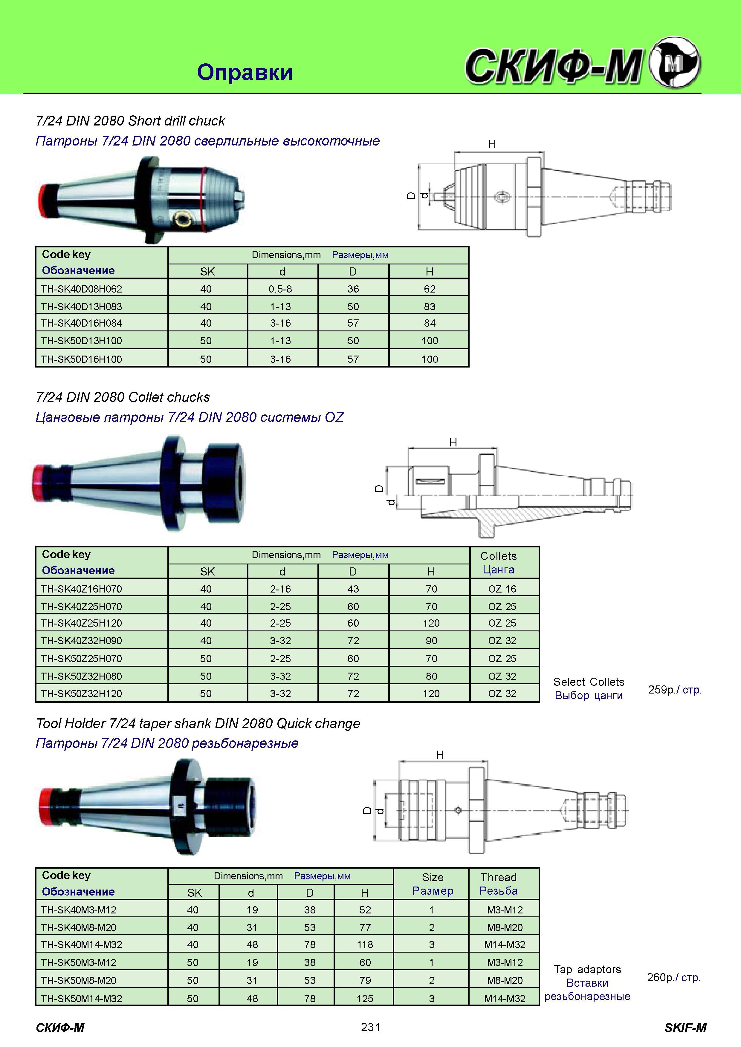 231 Оправки инструментальные 7/24 DIN 2080 Short drill chuck Патроны 7/24 DIN 2080 сверлильные высокоточные Code key Обозначение Dimensions,mm Размеры,мм SK Каталог СКИФ-М 2011 Металлорежущий инструмент для фрезерования и сверления Инструментальная оснастка для металлообрабатывающих станков Стр. 231