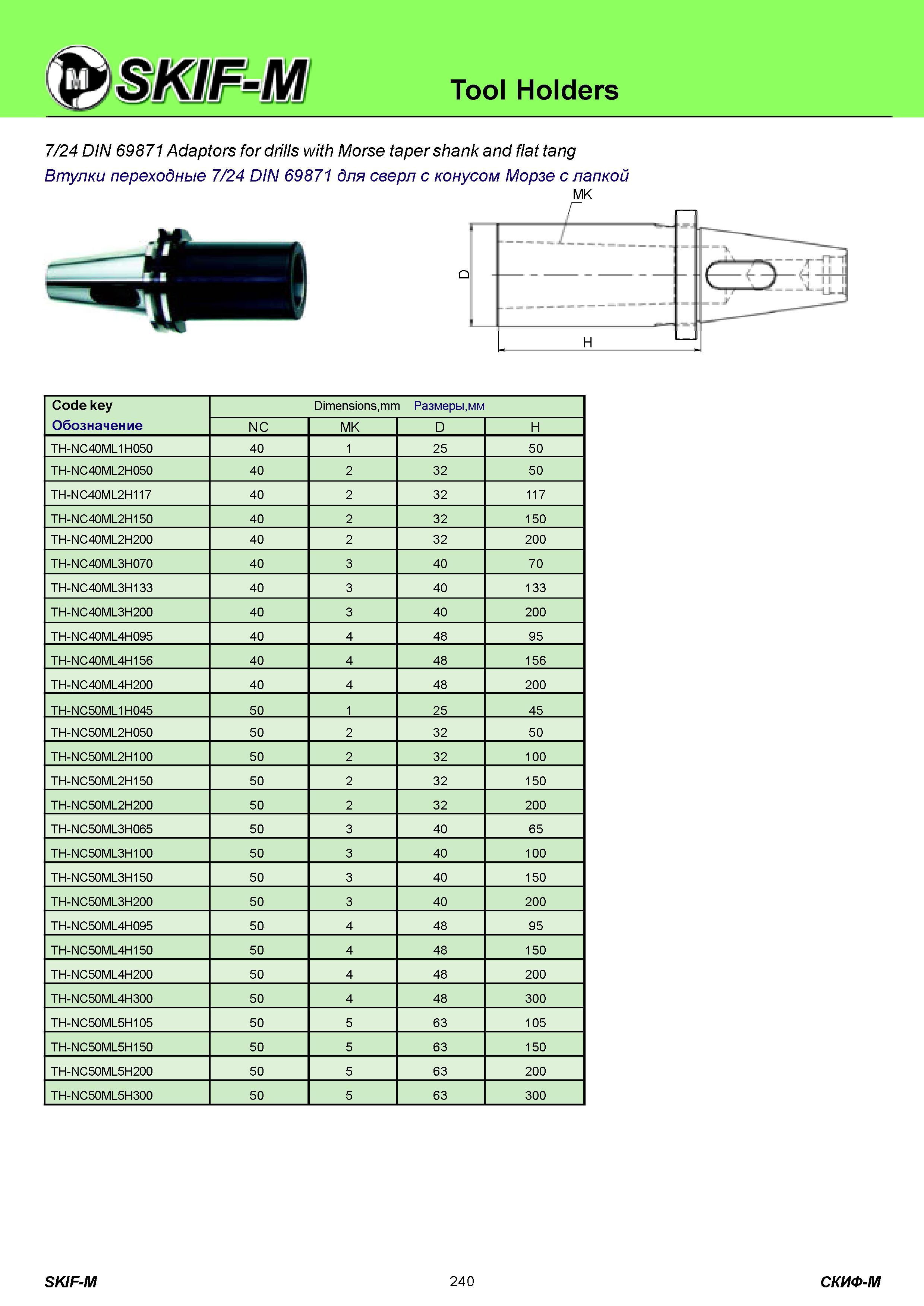 240 Tool Holders 7/24 DIN 69871 Adaptors for drills with Morse taper shank and flat tang Втулки переходные 7/24 DIN 69871 для сверл с конусом Морзе c лапкой Каталог СКИФ-М 2011 Металлорежущий инструмент для фрезерования и сверления Инструментальная оснастка для металлообрабатывающих станков Стр. 240