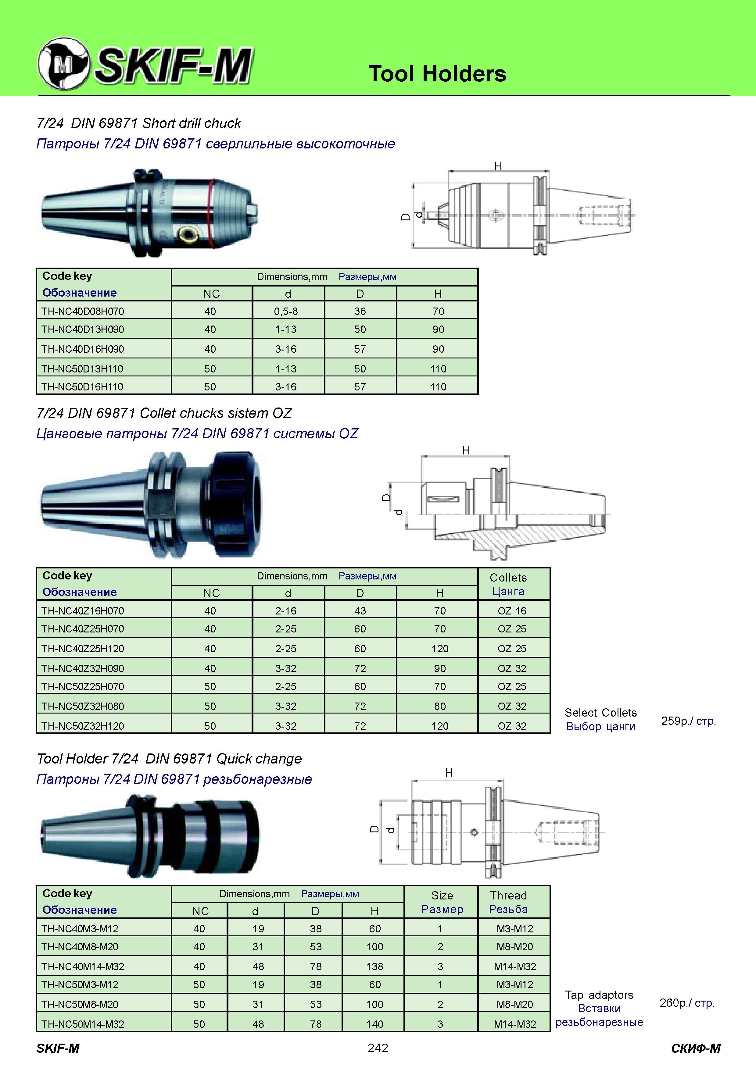 242 Tool Holders 7/24 DIN 69871 Short drill chuck Патроны 7/24 DIN 69871 сверлильные высокоточные Code key Обозначение Dimensions,mm Размеры,мм NC d D H TH- Каталог СКИФ-М 2011 Металлорежущий инструмент для фрезерования и сверления Инструментальная оснастка для металлообрабатывающих станков Стр. 242