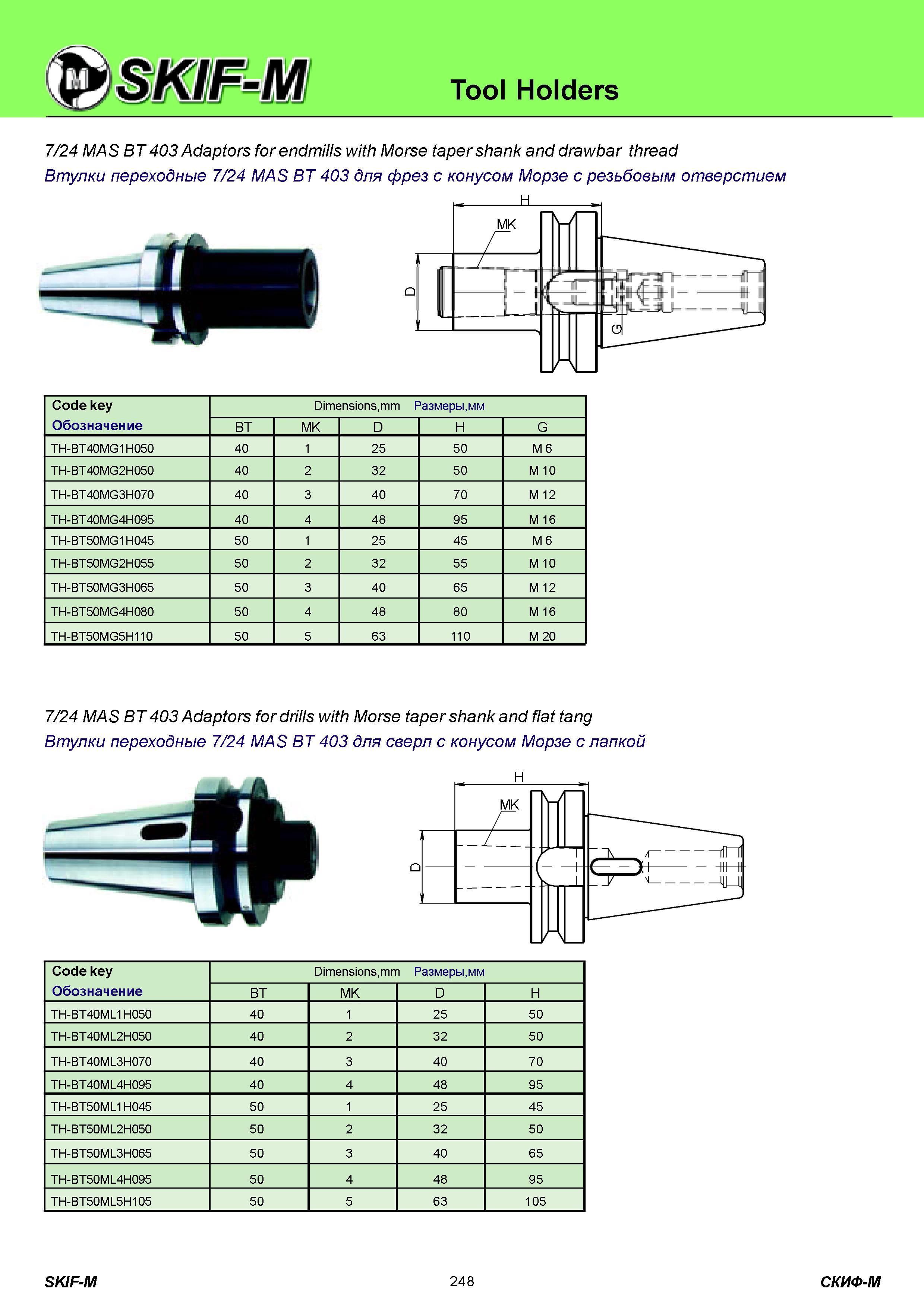 248 Tool Holders 7/24 MAS BT 403 Adaptors for endmills with Morse taper shank and drawbar thread Втулки переходные 7/24 MAS BT 403 для фрез с конусом Морзе Каталог СКИФ-М 2011 Металлорежущий инструмент для фрезерования и сверления Инструментальная оснастка для металлообрабатывающих станков Стр. 248