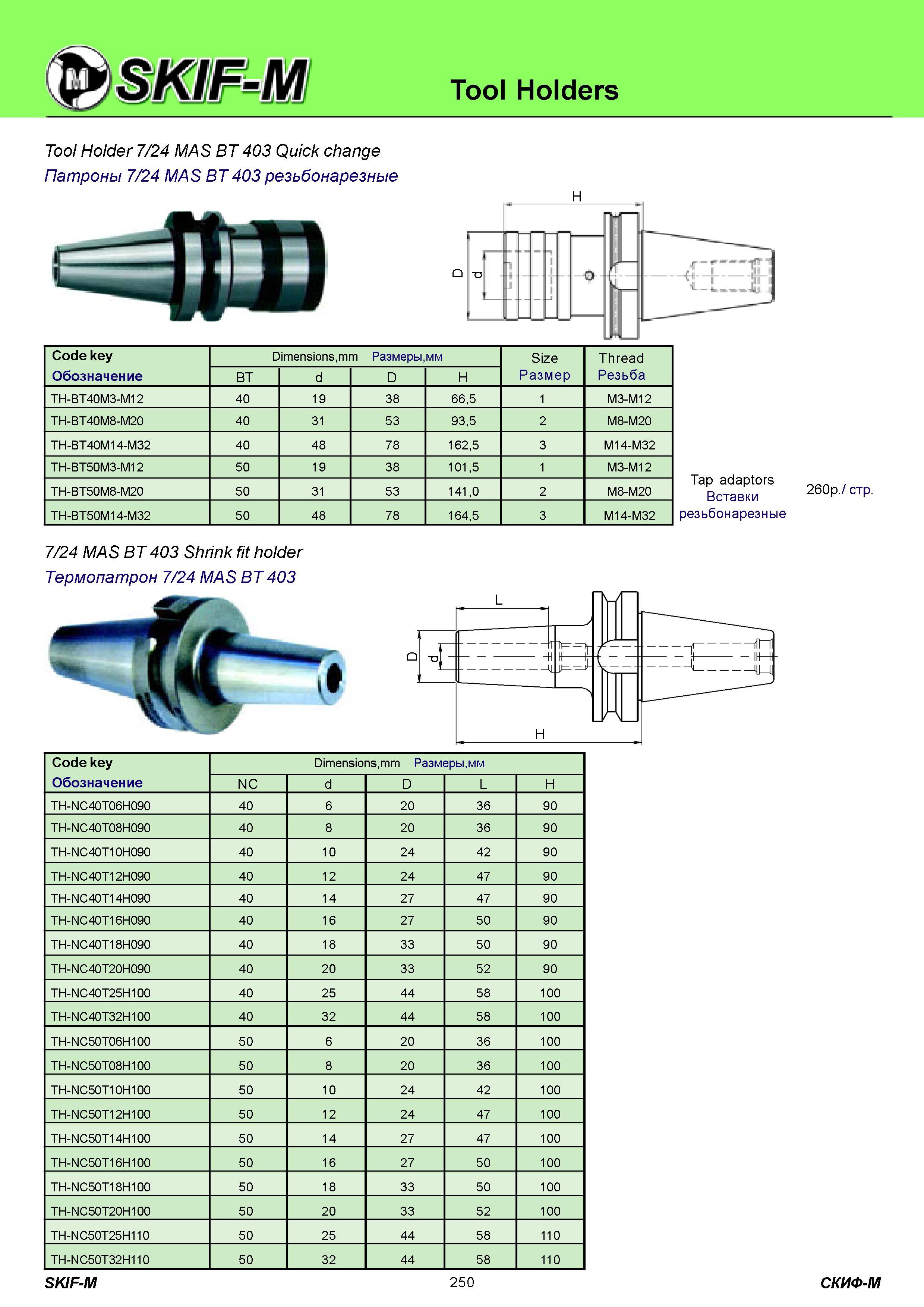 250 Tool Holders Tool Holder 7/24 MAS BT 403 Quick change Патроны 7/24 MAS BT403 резьбонарезные H Code key Обозначение Dimensions,mm Размеры,мм Size Размер Каталог СКИФ-М 2011 Металлорежущий инструмент для фрезерования и сверления Инструментальная оснастка для металлообрабатывающих станков Стр. 250