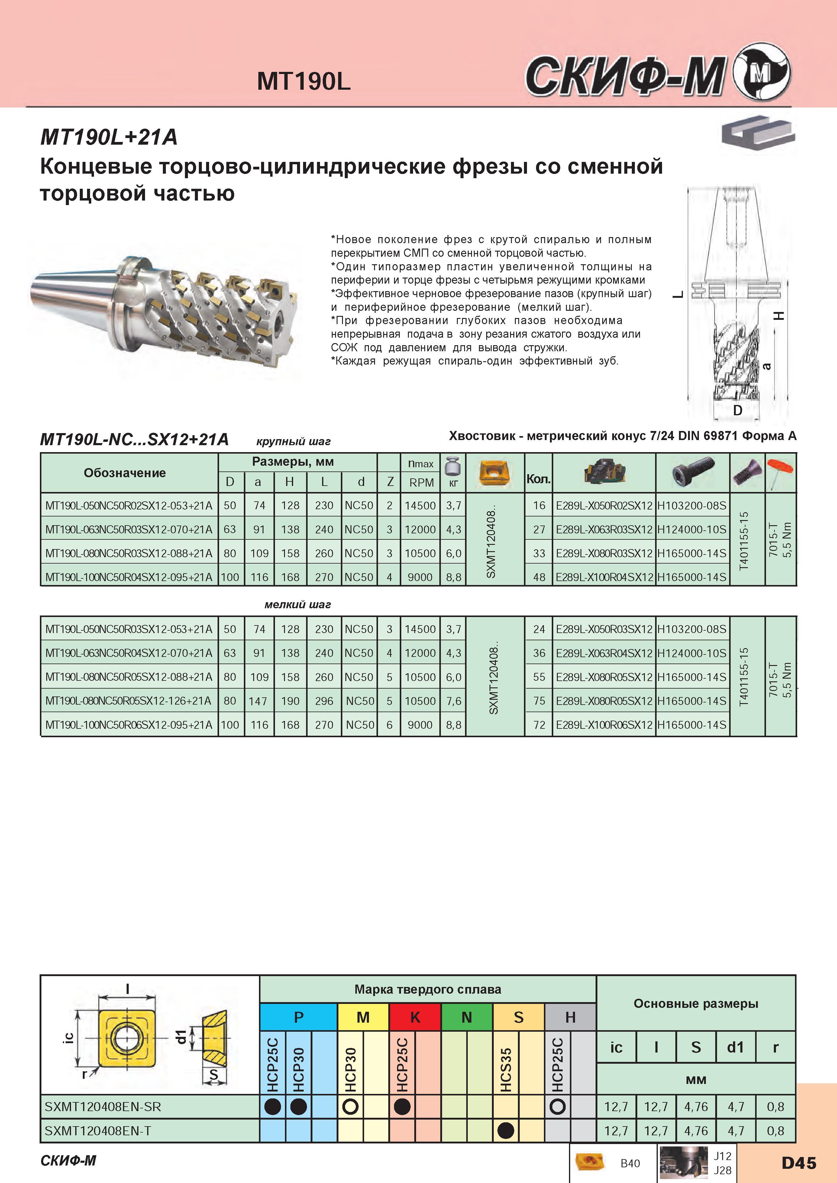 173 Концевые торцово-цилиндрические фрезы Скиф-М MT190L+21A со сменной торцовой частью Новое поколение фрез с крутой спиралью и полным перекрытием Каталог СКИФ-М 2015 Металлорежущий фрезерный и сверлильный инструмент для универсальных станков и центров с ЧПУ Стр. D45