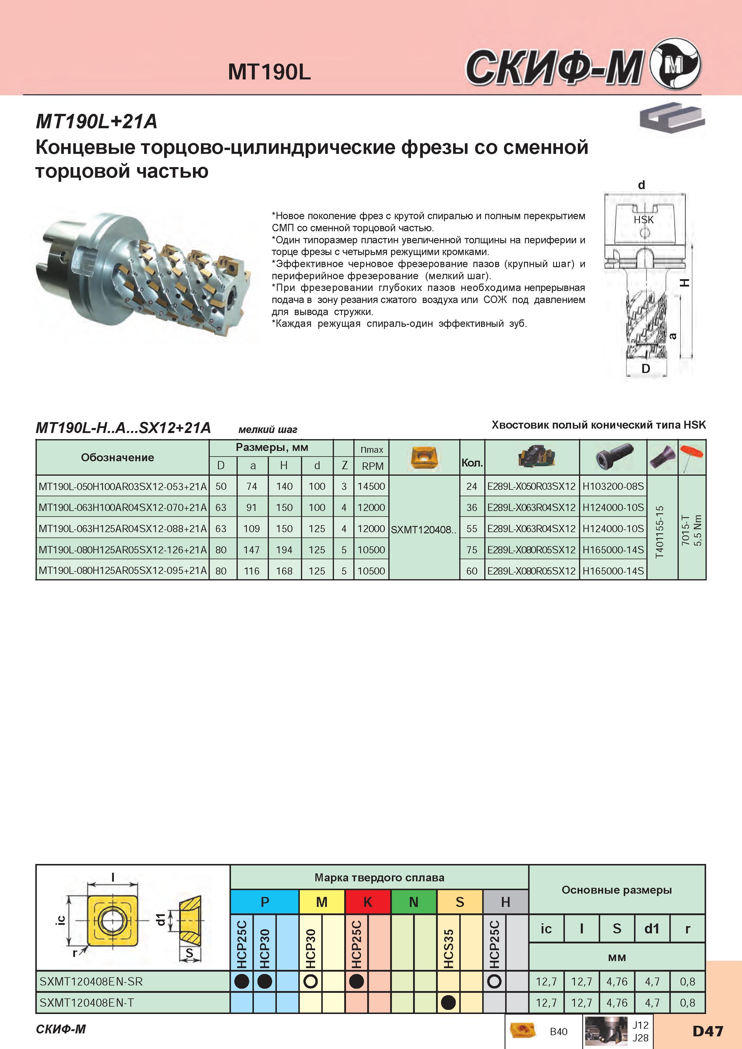 175 Концевые торцово-цилиндрические фрезы Скиф-М MT190L+21A со сменной торцовой частью Новое поколение фрез с крутой спиралью и полным перекрытием Каталог СКИФ-М 2015 Металлорежущий фрезерный и сверлильный инструмент для универсальных станков и центров с ЧПУ Стр. D47