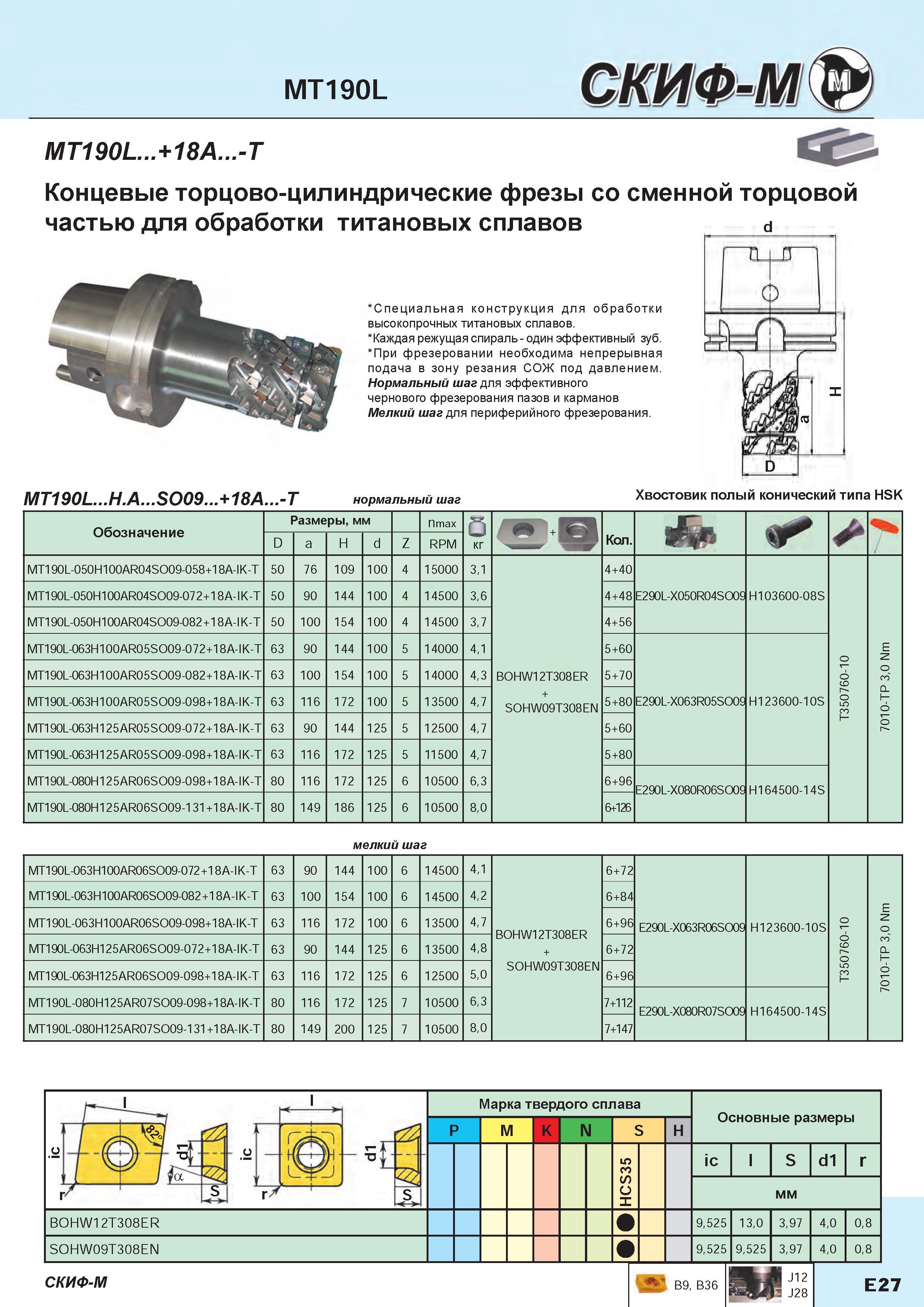 205 Концевые торцово-цилиндрические фрезы Скиф-М MT190L +18A -T со сменной торцовой частью для обработки титановых сплавов Специальная конструкция Каталог СКИФ-М 2015 Металлорежущий фрезерный и сверлильный инструмент для универсальных станков и центров с ЧПУ Стр. E27